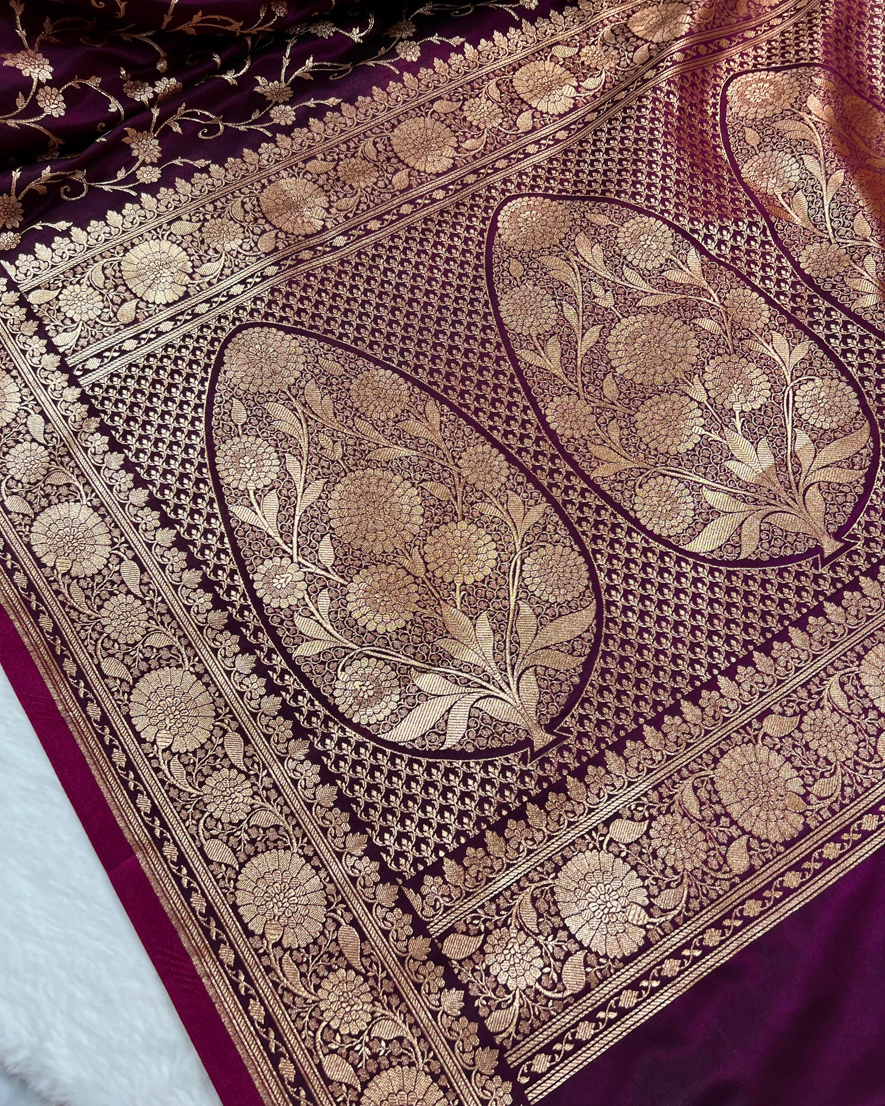 Wine Shades Floral Zaal Mashru Satin Silk Saree - Niyarah