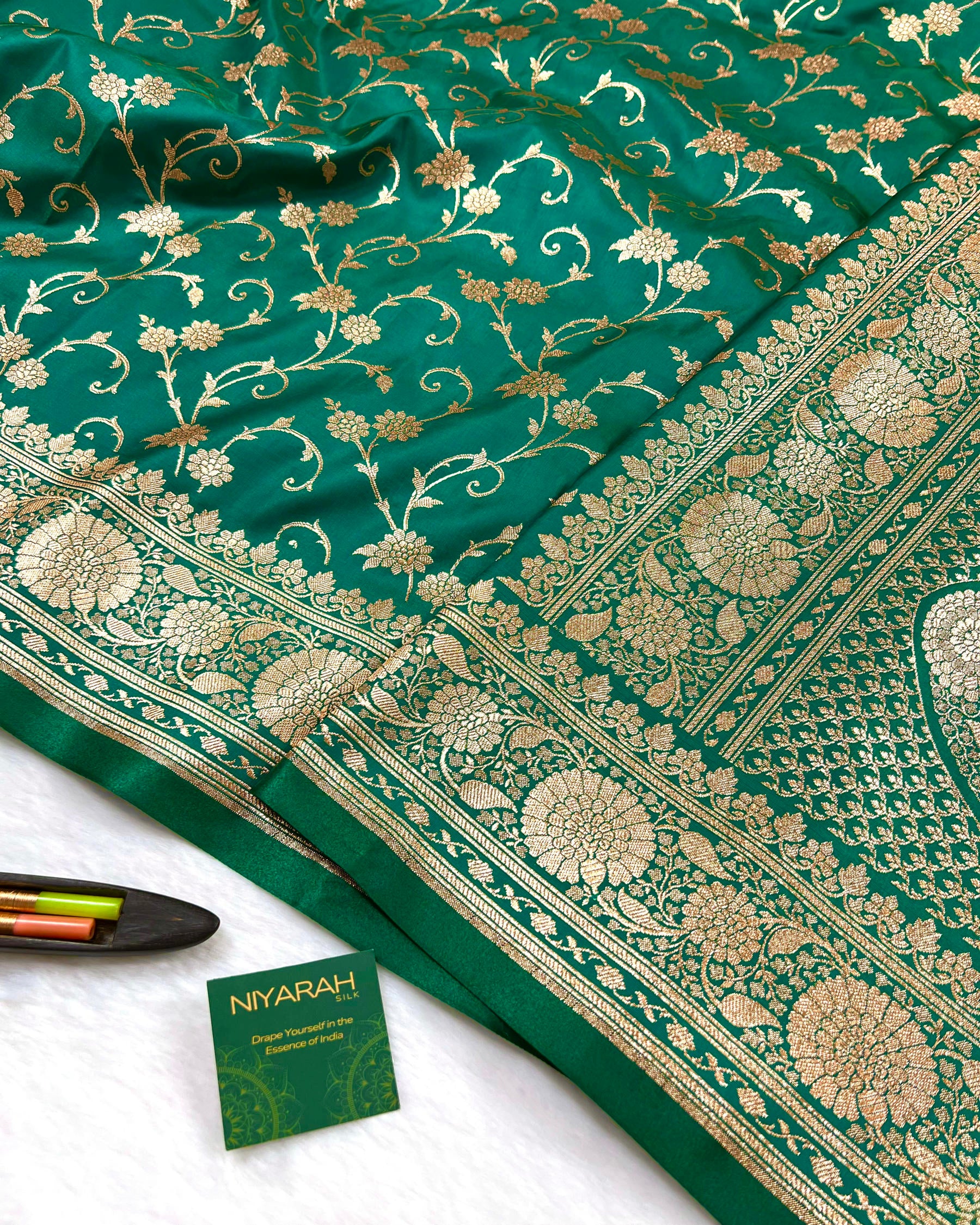 Teal Shades Floral Zaal Mashru Satin Silk Saree - Niyarah