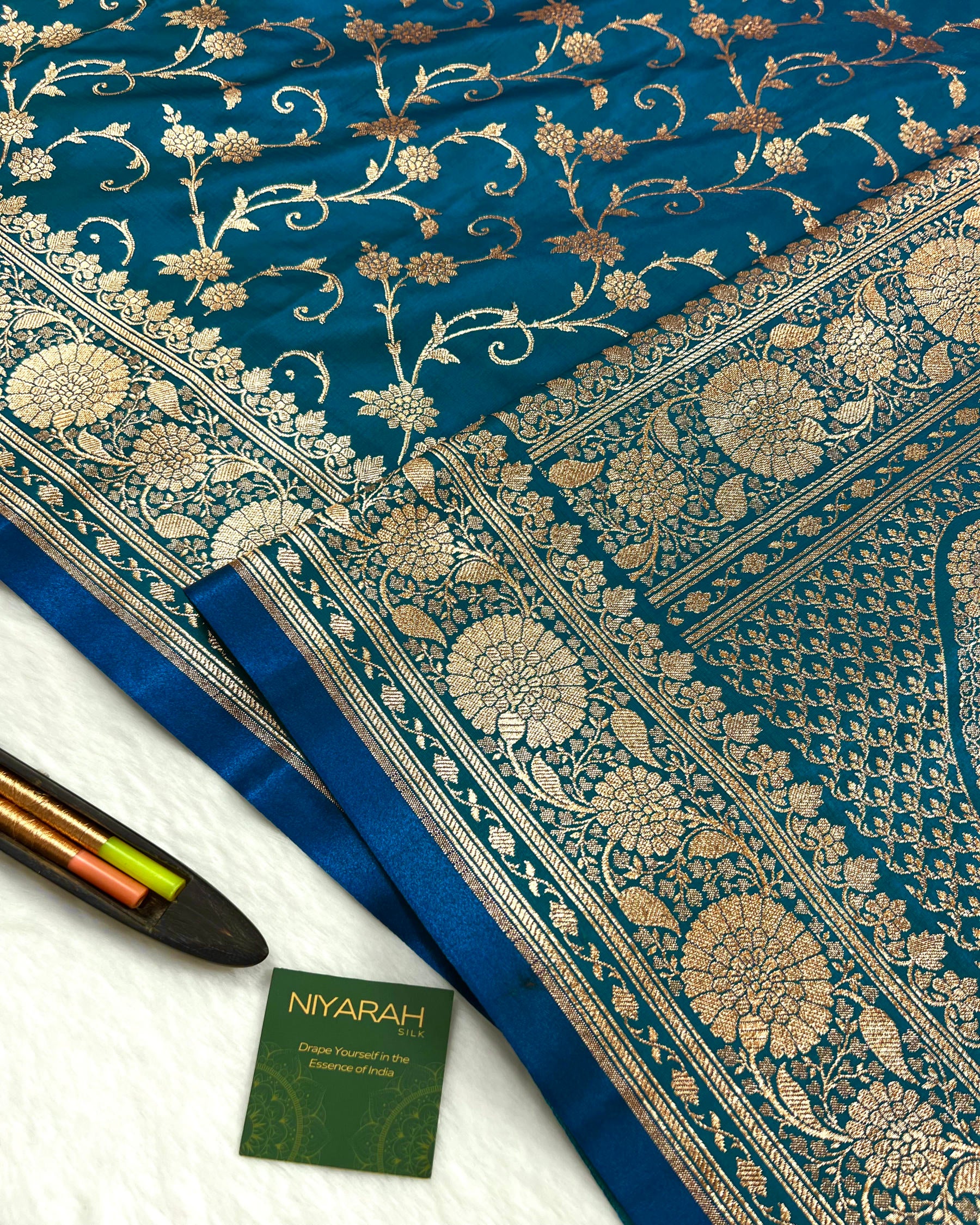 Turquoise Shades Floral Zaal Mashru Satin Silk Saree - Niyarah