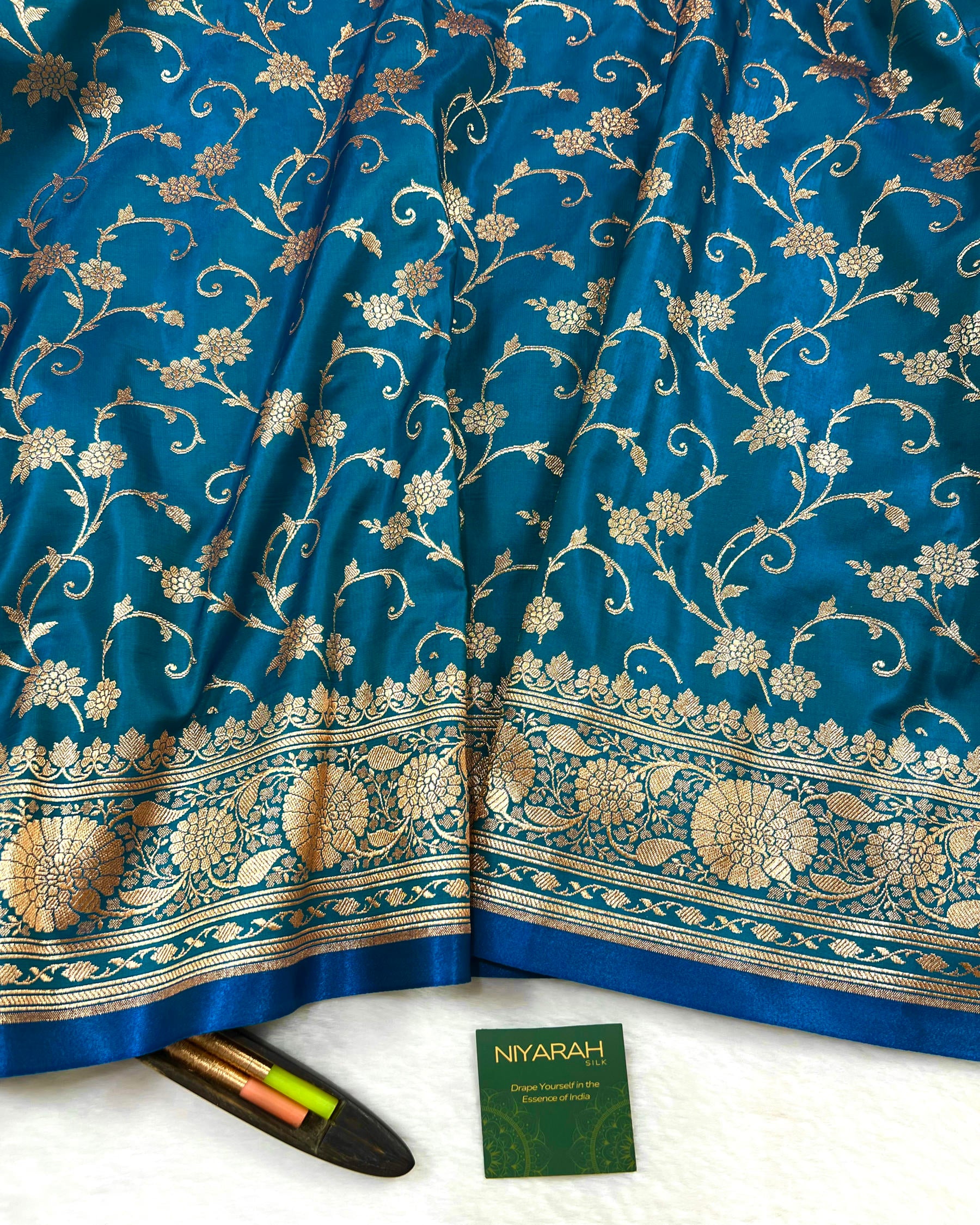 Turquoise Shades Floral Zaal Mashru Satin Silk Saree - Niyarah