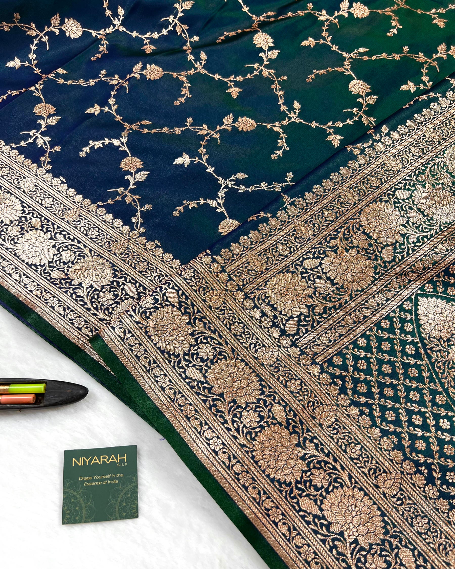 Peacock Green Shades Floral Zaal Mashru Satin Silk Saree - Niyarah