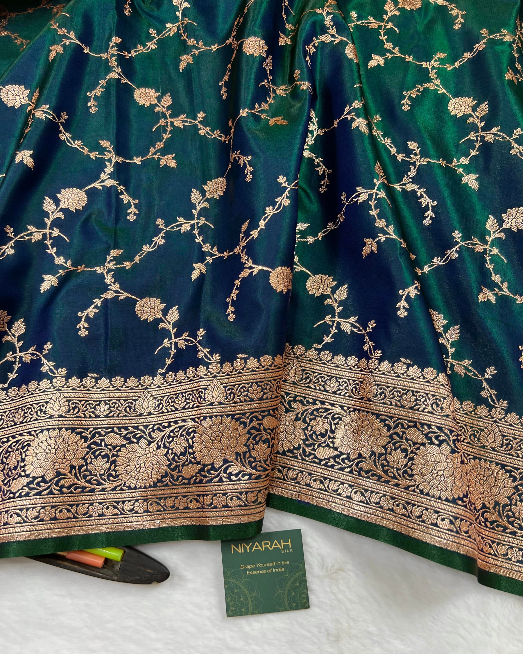 Peacock Green Shades Floral Zaal Mashru Satin Silk Saree - Niyarah