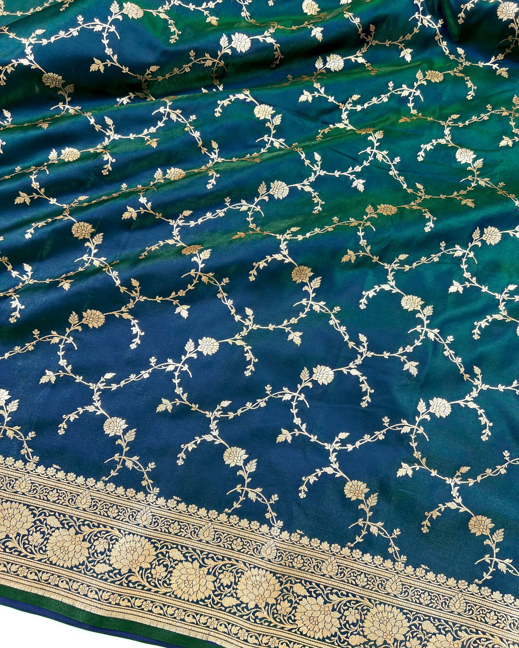 Peacock Green Shades Floral Zaal Mashru Satin Silk Saree - Niyarah