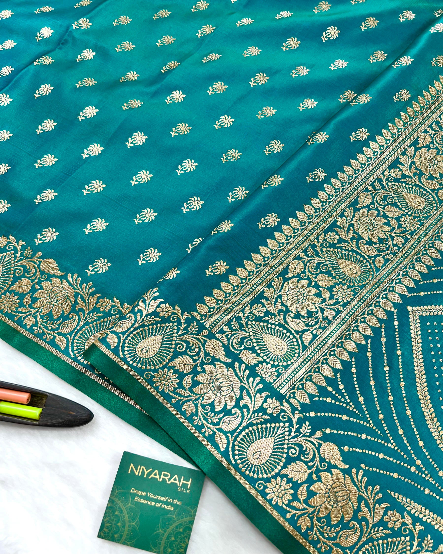 Soft Firozi Shades Banarasi Booti Mashru Satin Silk Saree - Niyarah