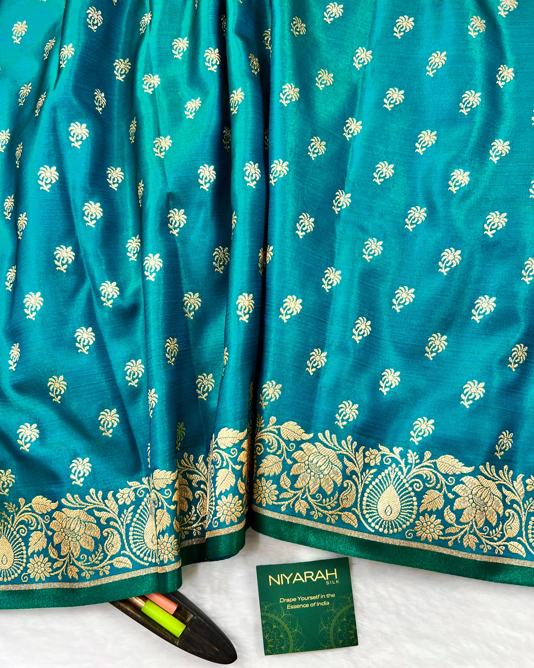 Soft Firozi Shades Banarasi Booti Mashru Satin Silk Saree - Niyarah