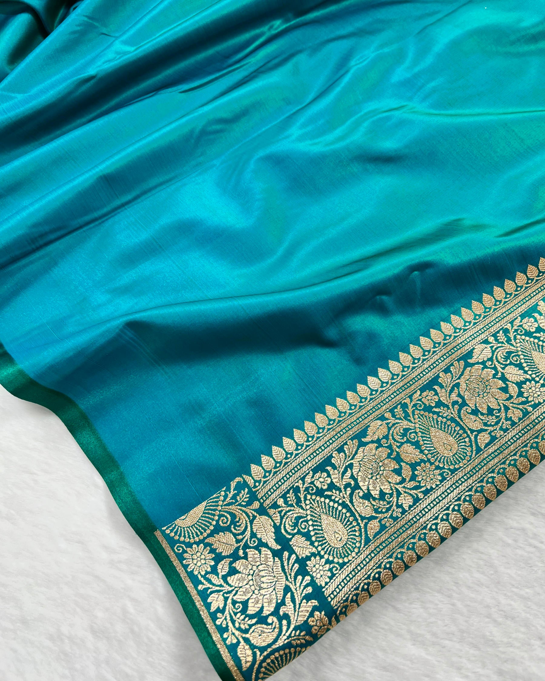 Soft Firozi Shades Banarasi Booti Mashru Satin Silk Saree - Niyarah