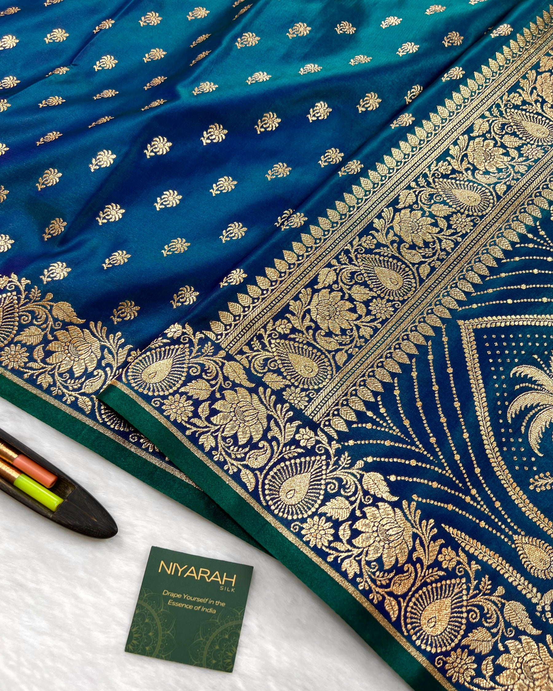Cross Peacock Shades Banarasi Booti Mashru Satin Silk Saree - Niyarah