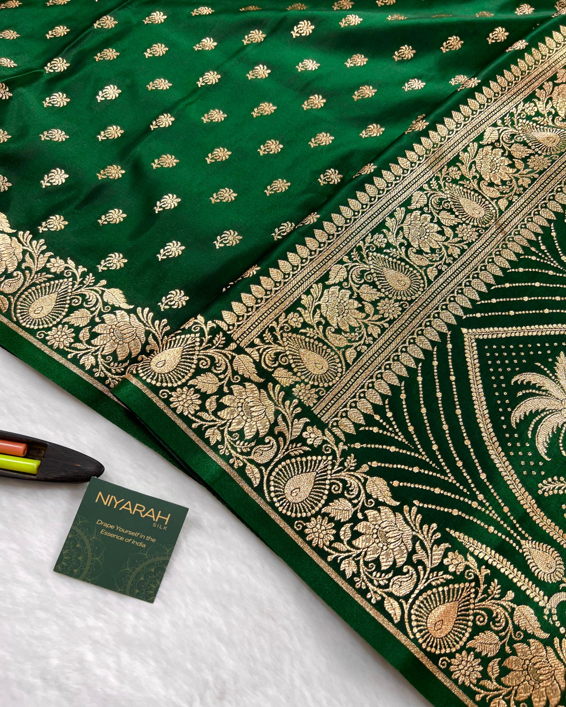 Soft Bottle Green Shades Banarasi Booti Mashru Satin Silk Saree - Niyarah