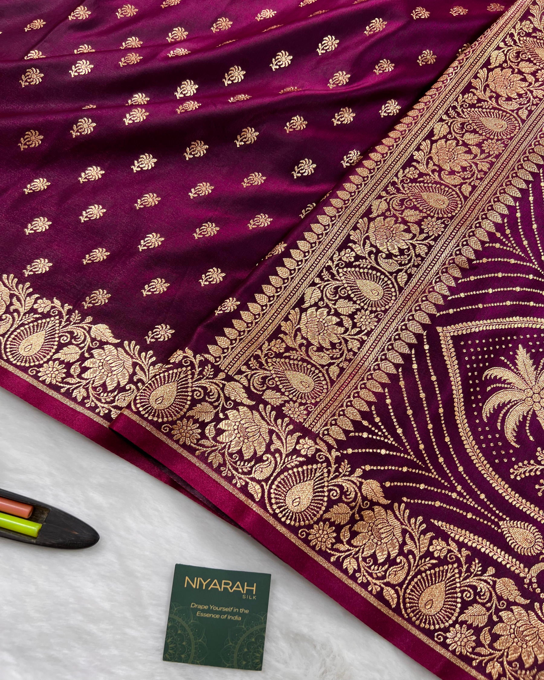 Soft Wine Shades Banarasi Booti Mashru Satin Silk Saree - Niyarah