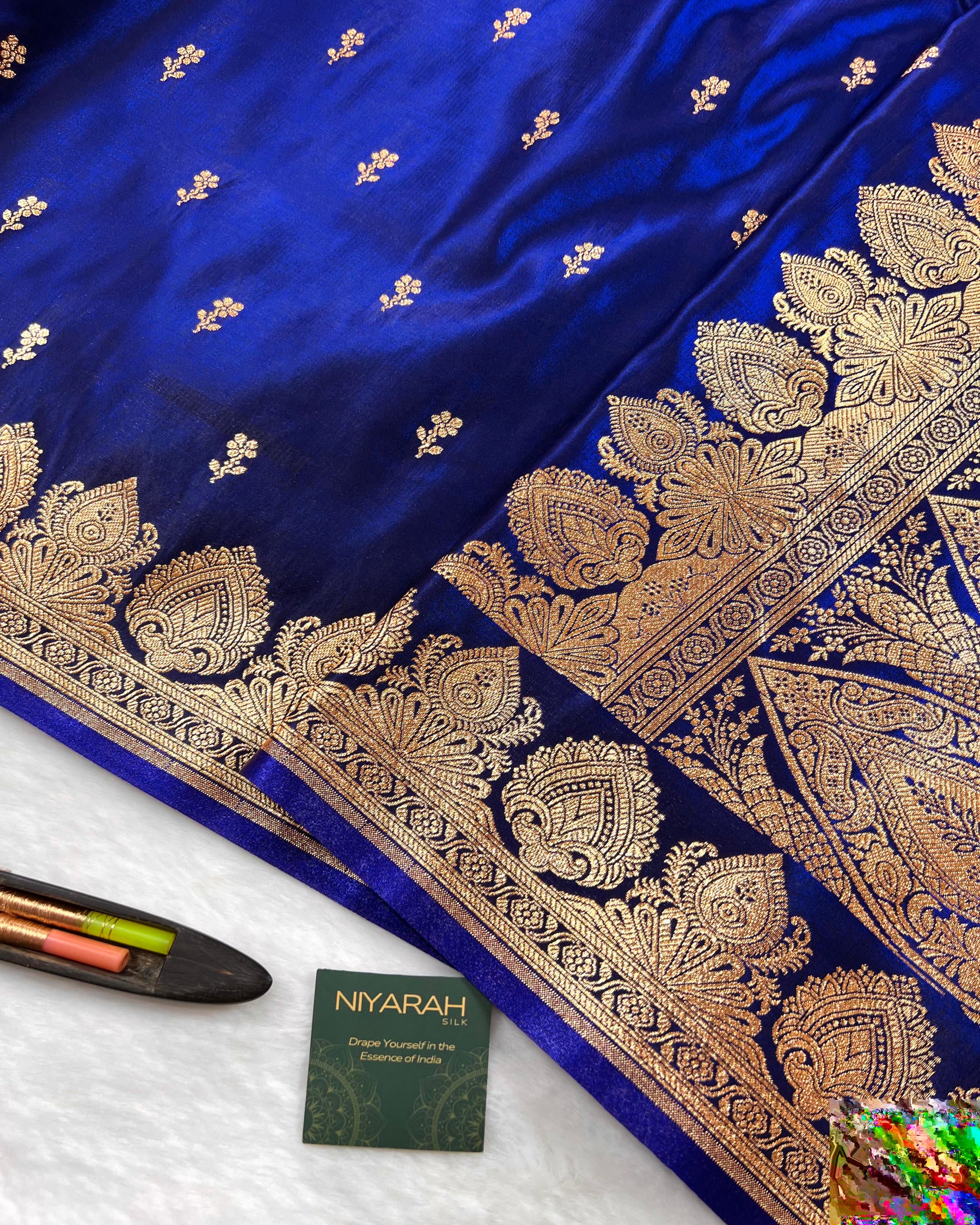 Royal Blue Banarasi Floral Booti Satin Silk Saree - Niyarah