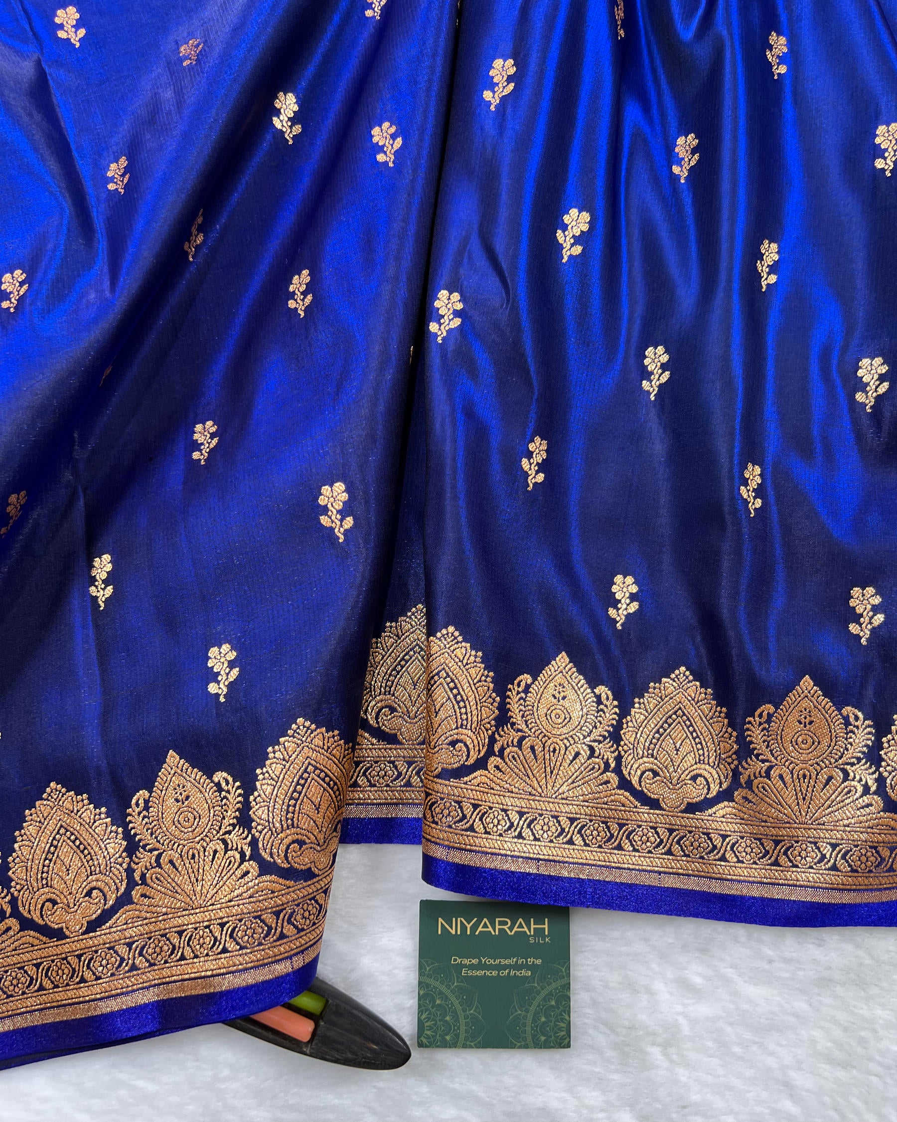 Royal Blue Banarasi Floral Booti Satin Silk Saree - Niyarah
