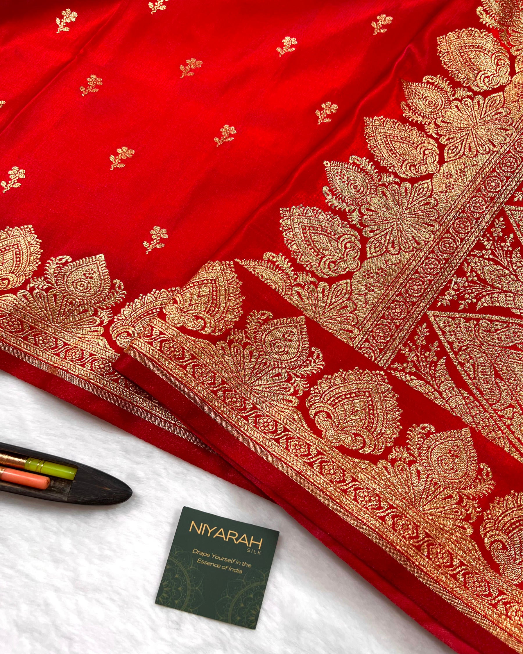 Red Banarasi Floral Booti Satin Silk Saree - Niyarah