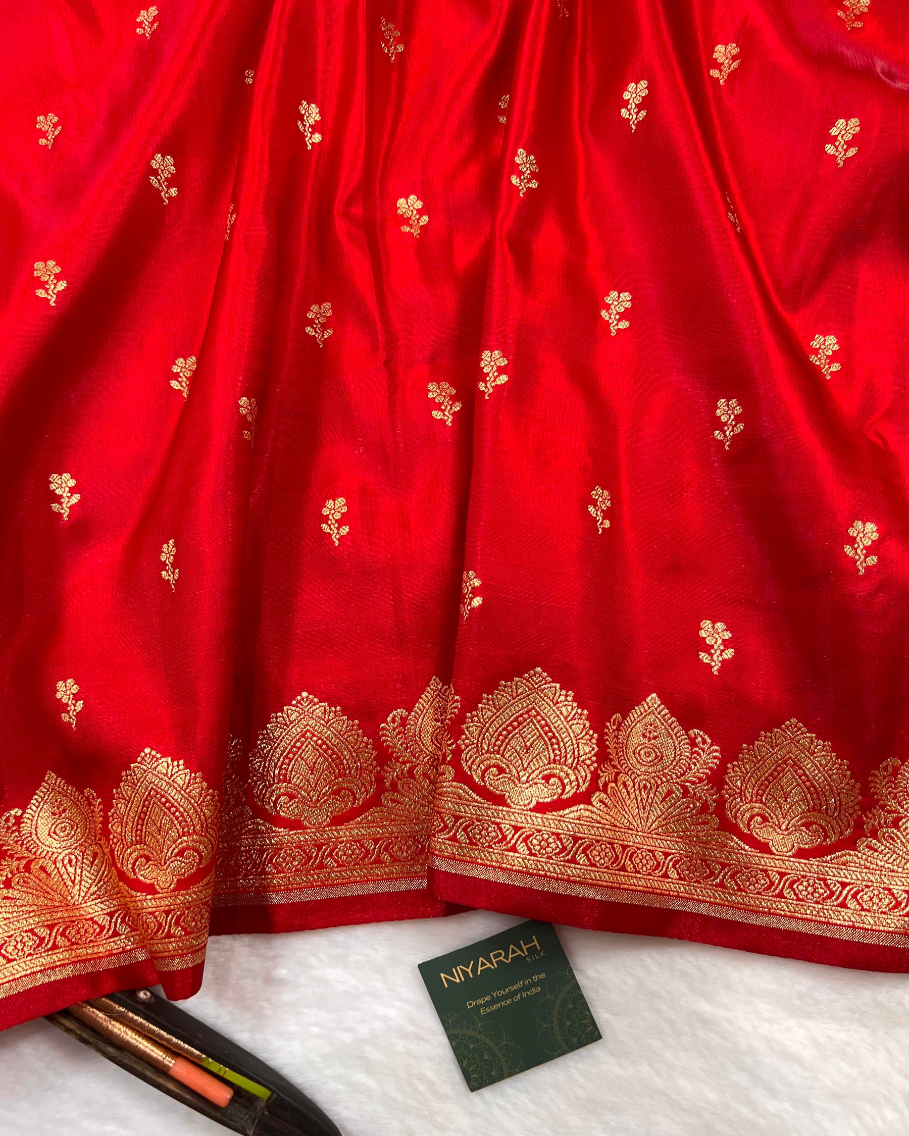 Red Banarasi Floral Booti Satin Silk Saree - Niyarah