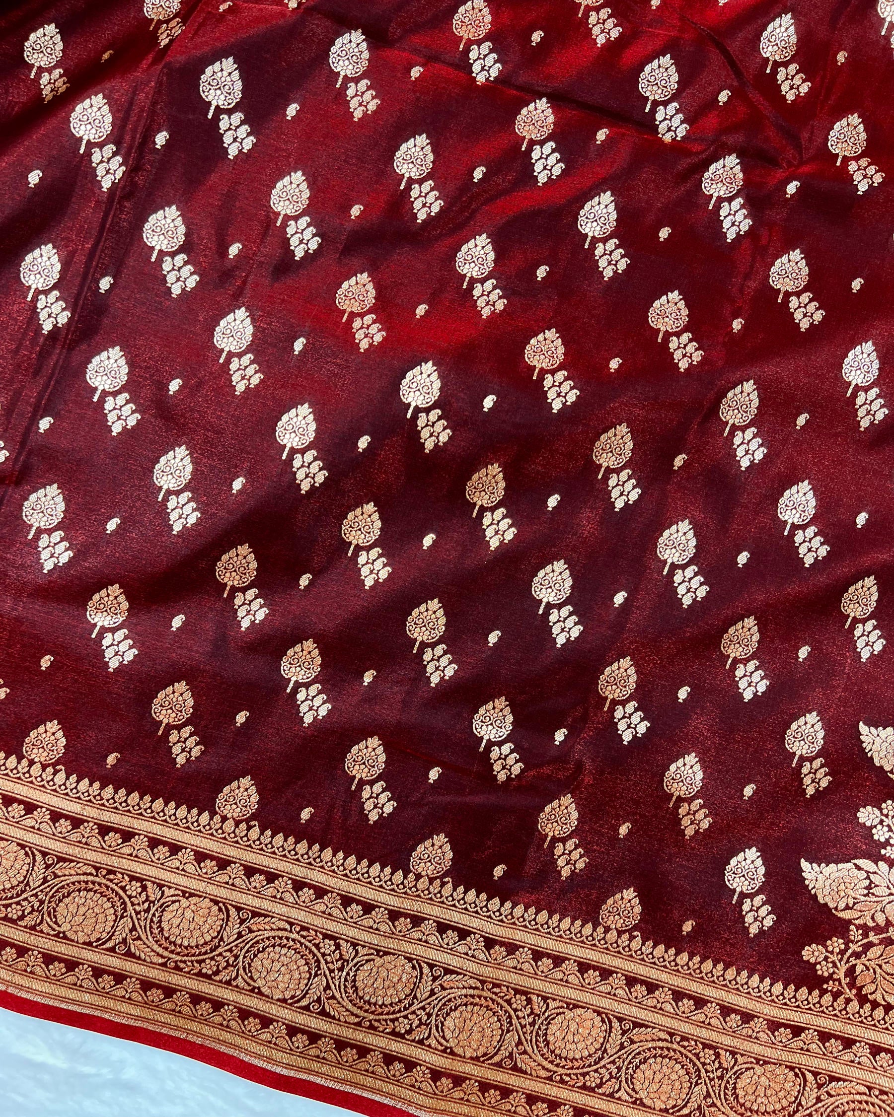Dark Maroon Shades Banarasi Boota Mashru Satin Silk Saree - Niyarah
