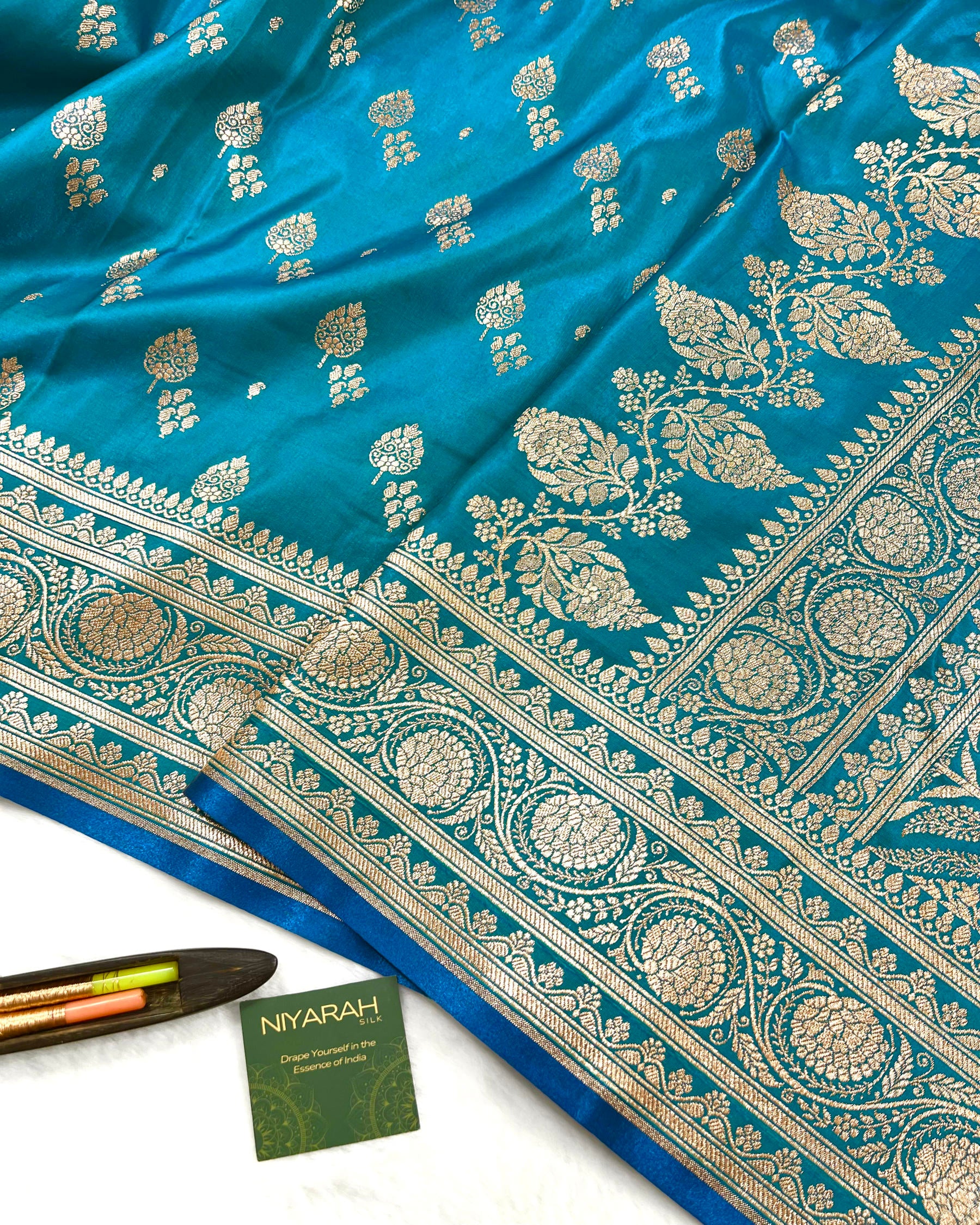 Firozi Shades Banarasi Boota Mashru Satin Silk Saree - Niyarah