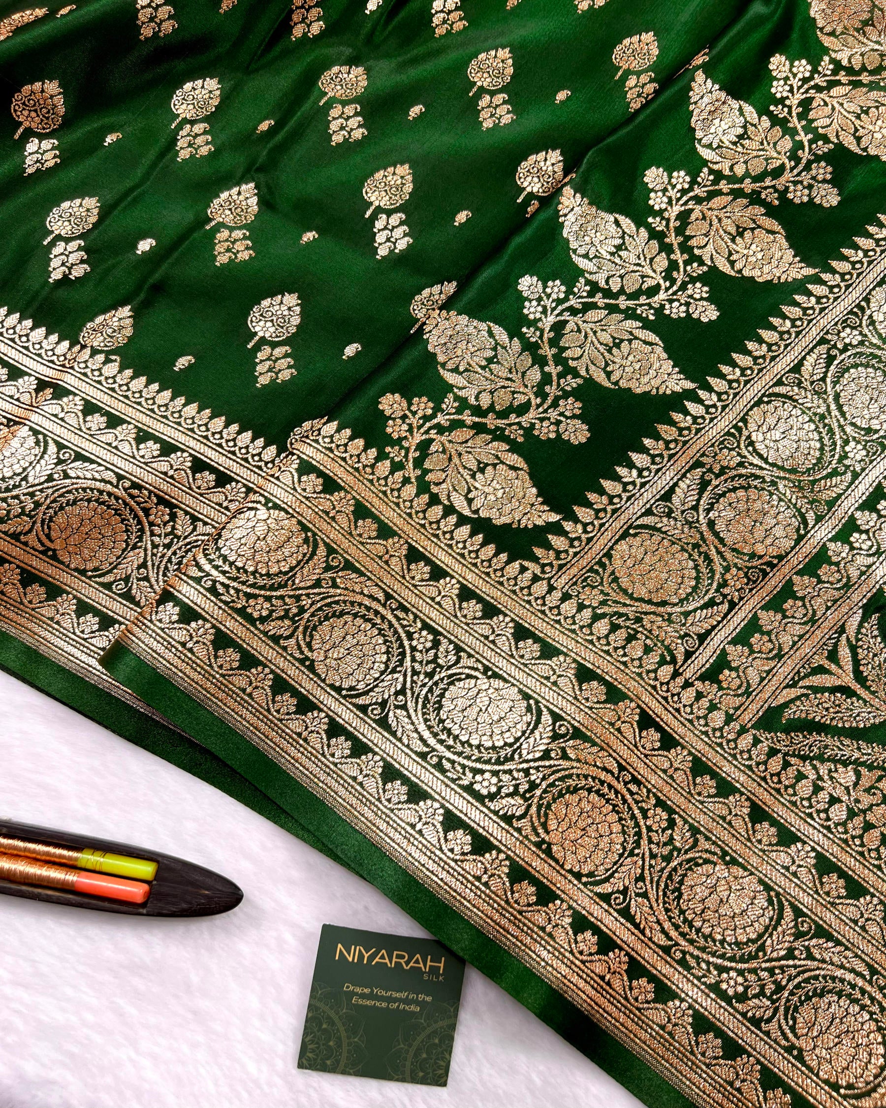 Bottle Green Banarasi Boota Mashru Satin Silk Saree - Niyarah