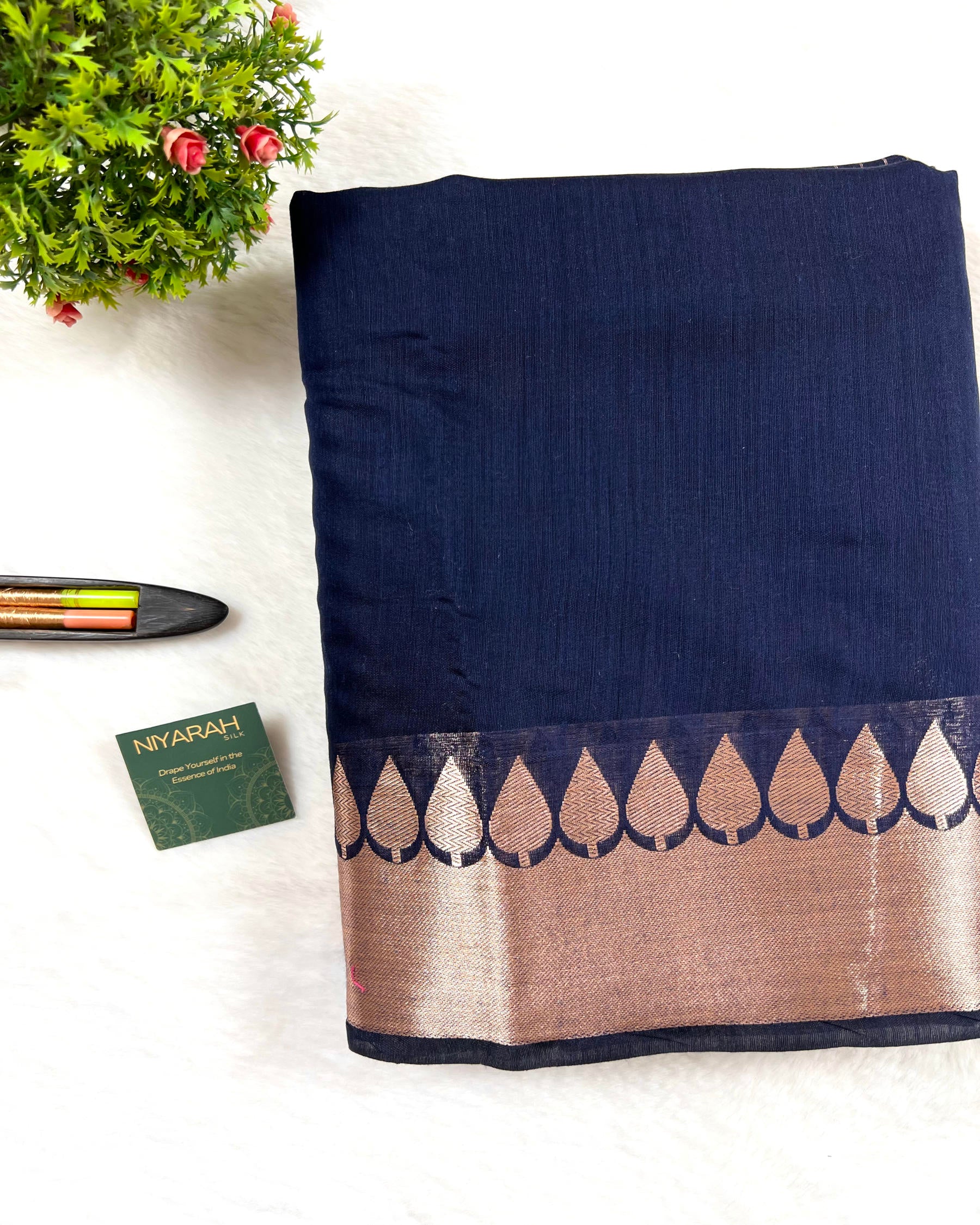 Daily Wear Navy Blue Plain Breathable Cotton Silk Saree - Niyarah