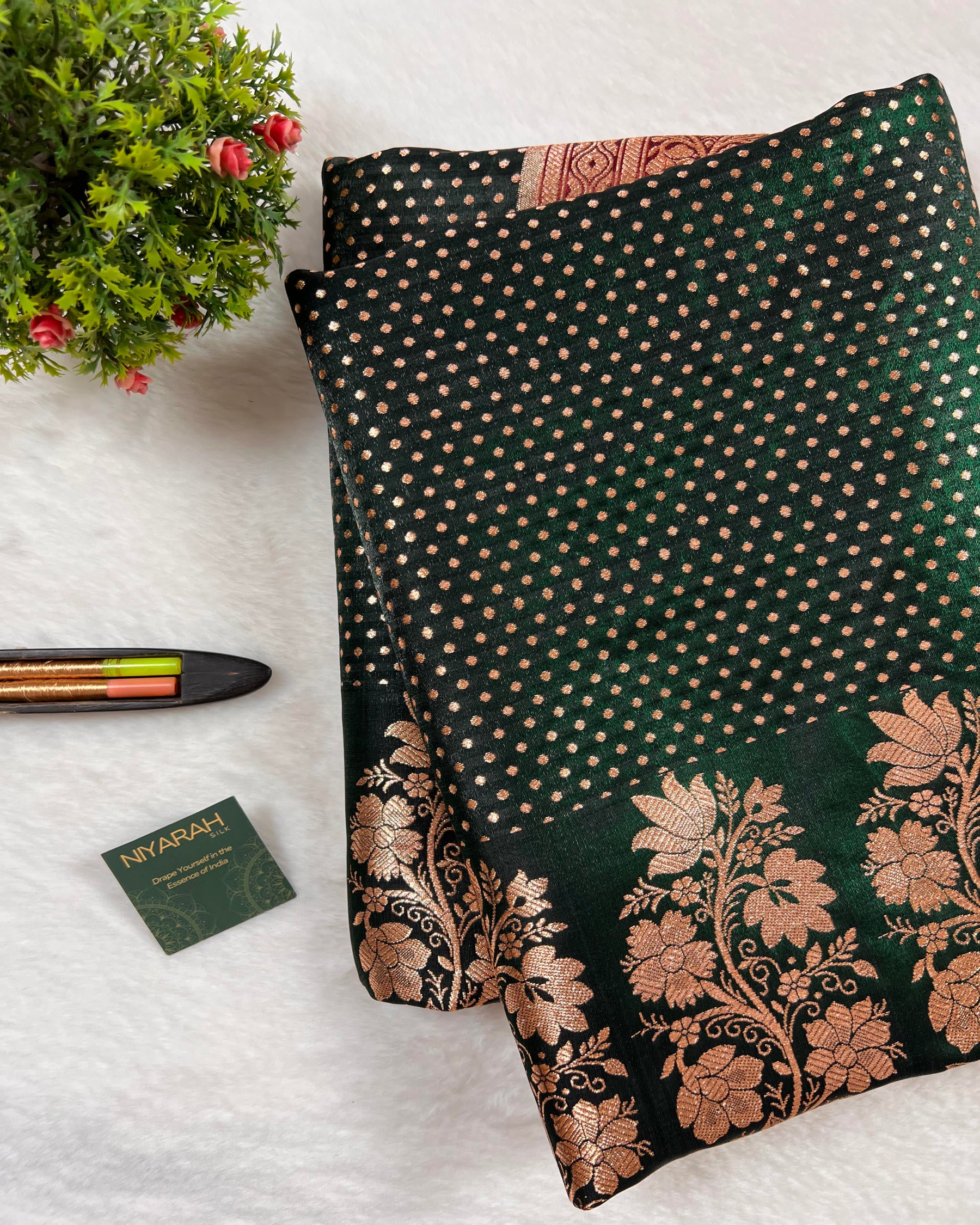 Bottle Green Banarasi Dot Pattern Booti Satin Silk Saree, Tanchui Blouse - Niyarah