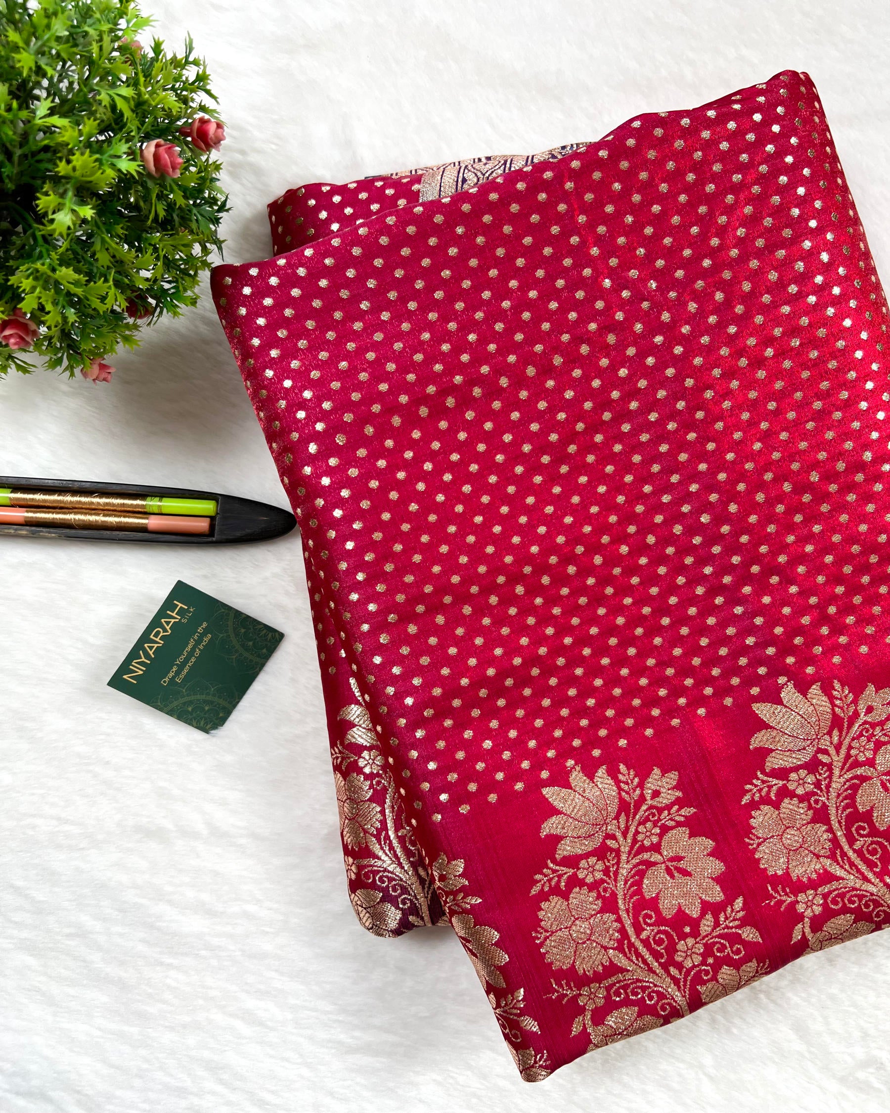 Red Banarasi Dot Pattern Booti Satin Silk Saree, Tanchui Blouse - Niyarah