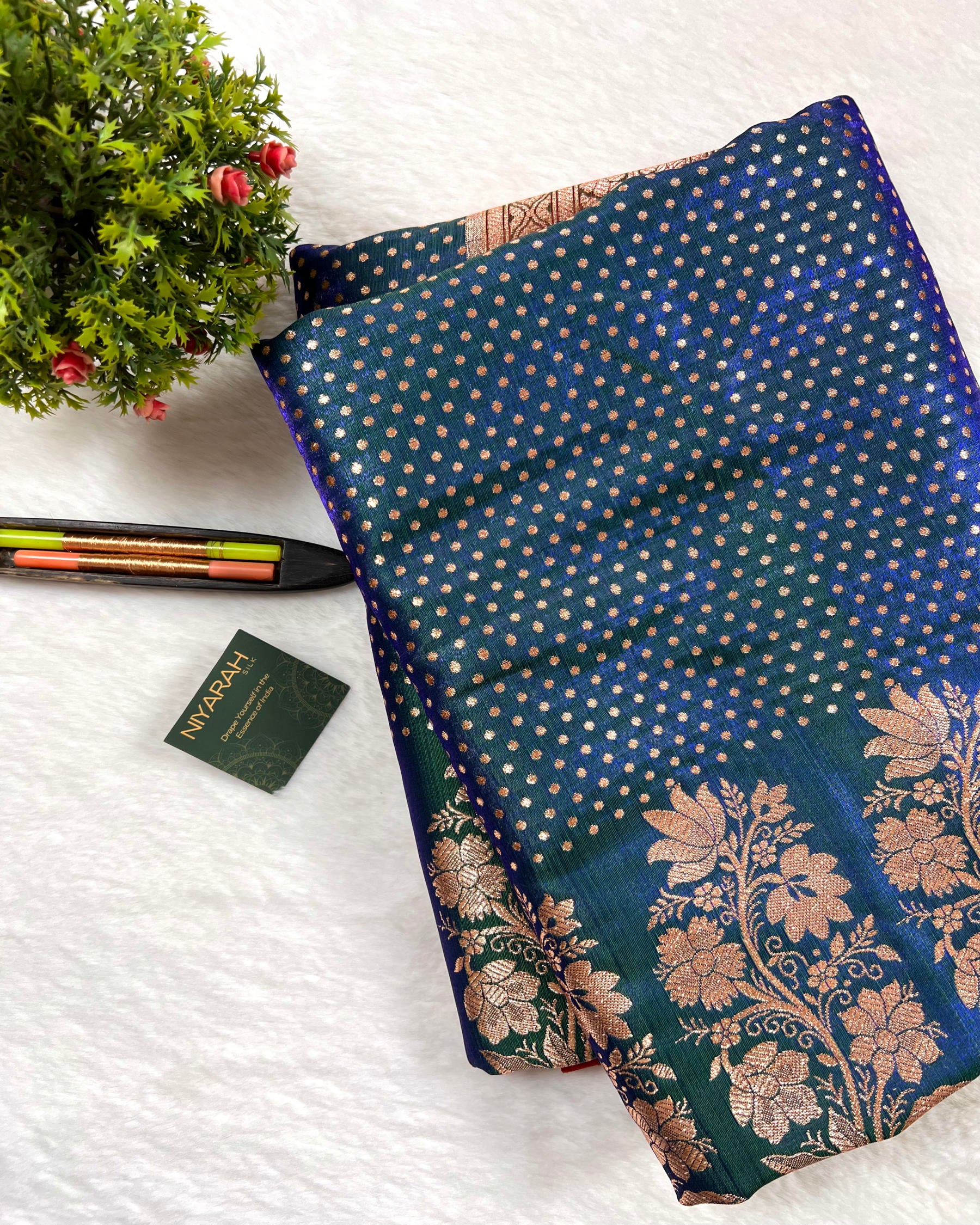 Peacock Green Banarasi Dot Pattern Booti Satin Silk Saree, Tanchui Blouse - Niyarah