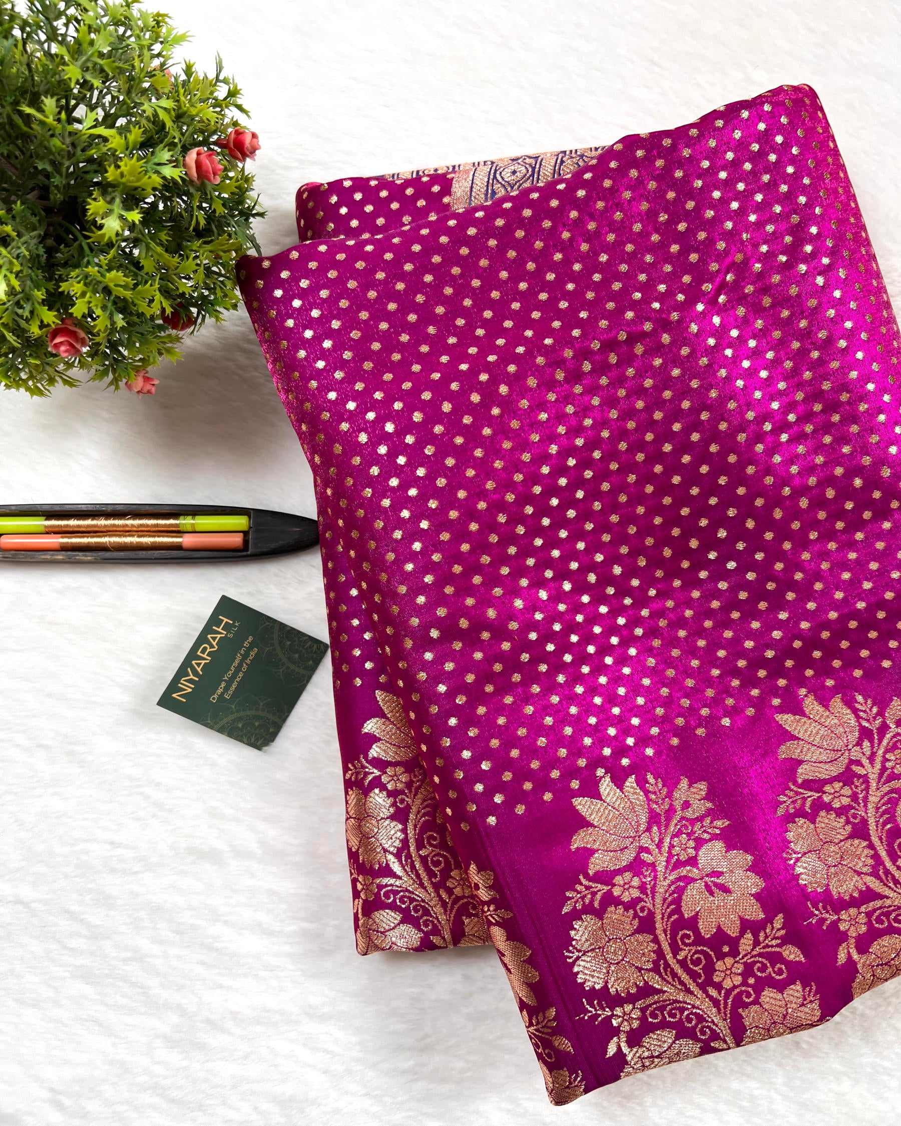 Rani Pink Banarasi Dot Pattern Booti Satin Silk Saree, Tanchui Blouse - Niyarah