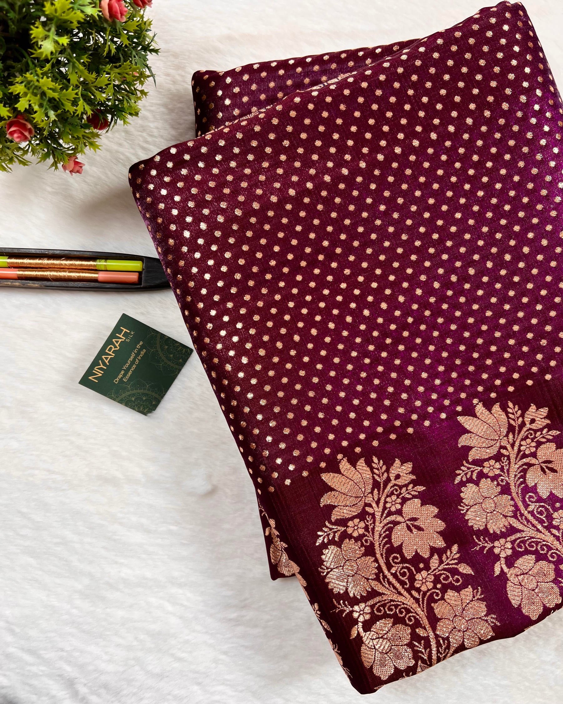 Wine Shades Banarasi Dot Pattern Booti Satin Silk Saree, Tanchui Blouse - Niyarah
