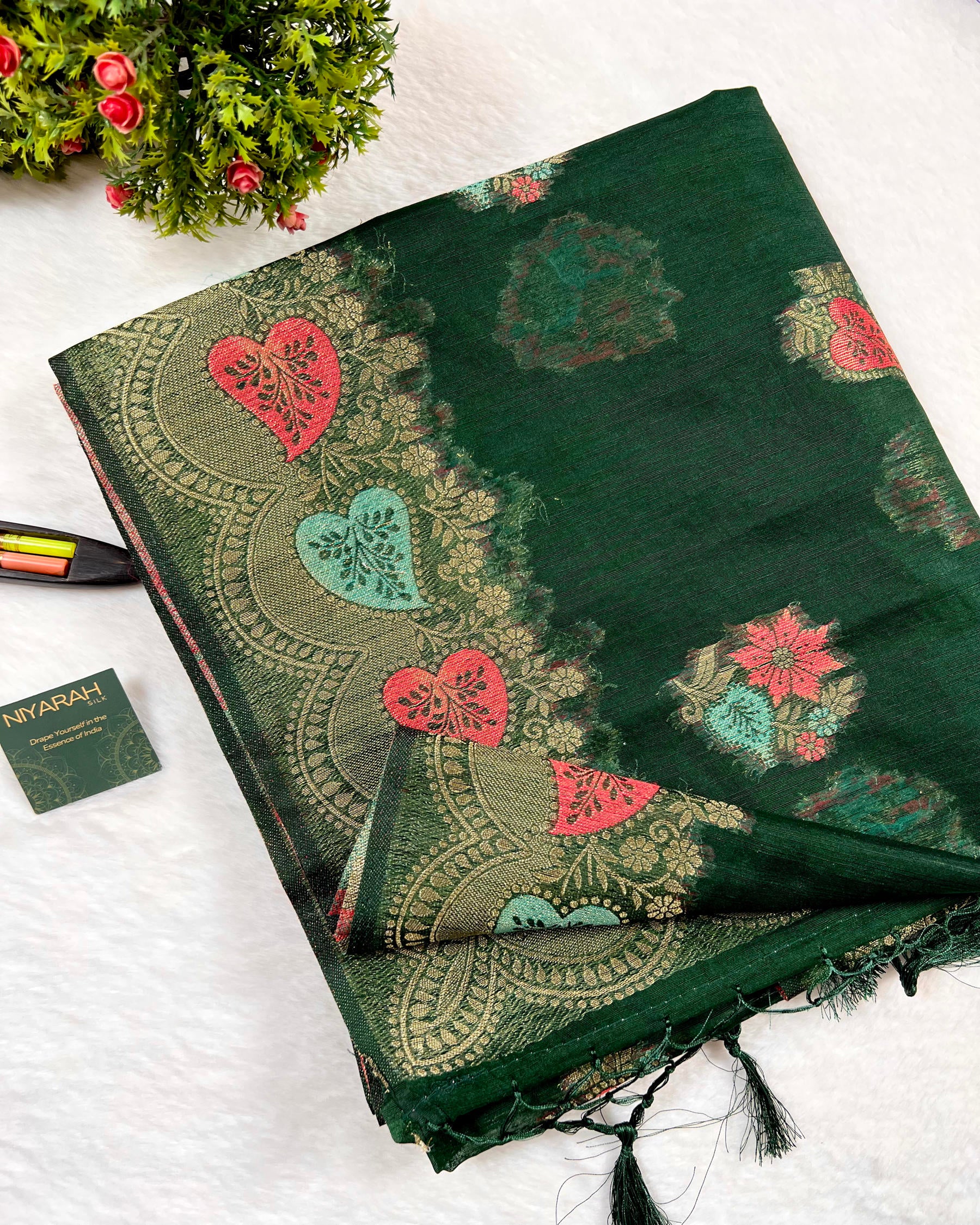 Bottle Green Shades Meena Boota Semi Linen Silk Saree - Niyarah
