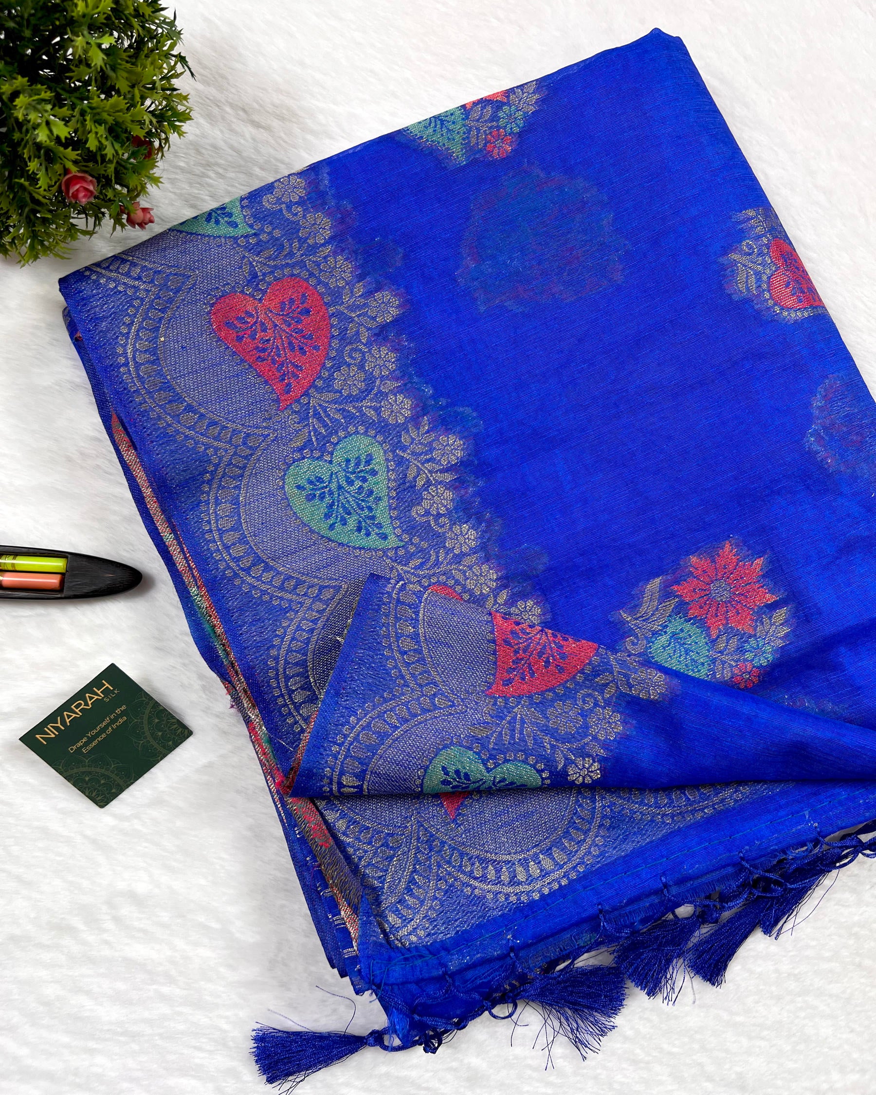 Royal Blue Shades Meena Boota Semi Linen Silk Saree - Niyarah