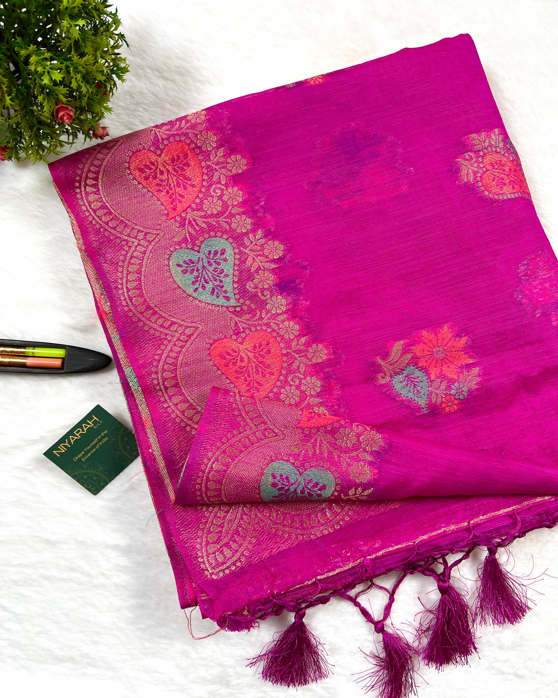 Rani Pink Shades Meena Boota Semi Linen Silk Saree - Niyarah