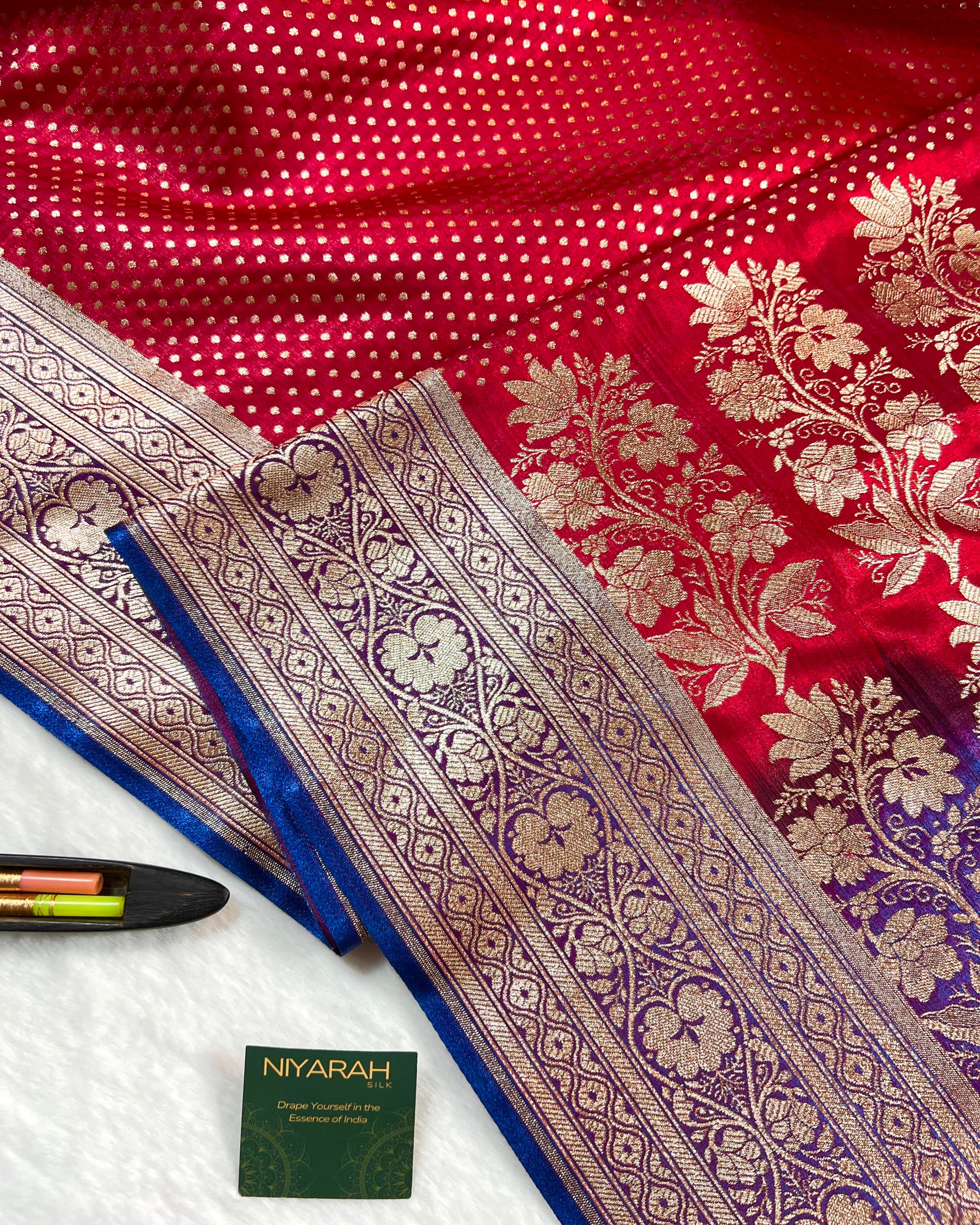 Red Banarasi Dot Pattern Booti Satin Silk Saree, Tanchui Blouse - Niyarah
