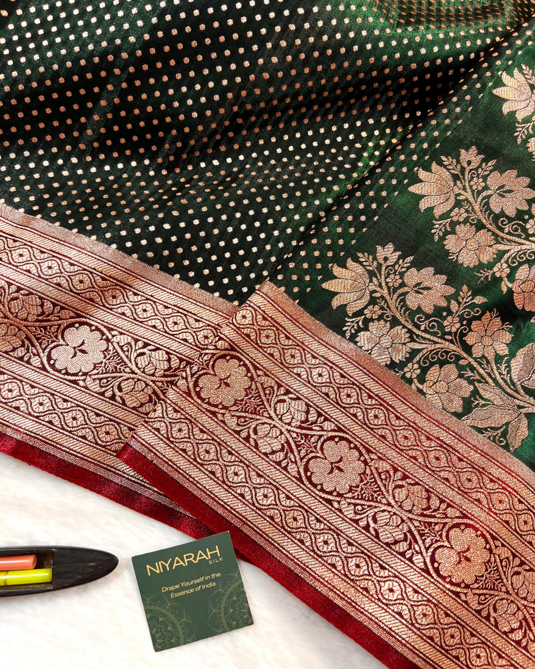 Bottle Green Banarasi Dot Pattern Booti Satin Silk Saree, Tanchui Blouse - Niyarah