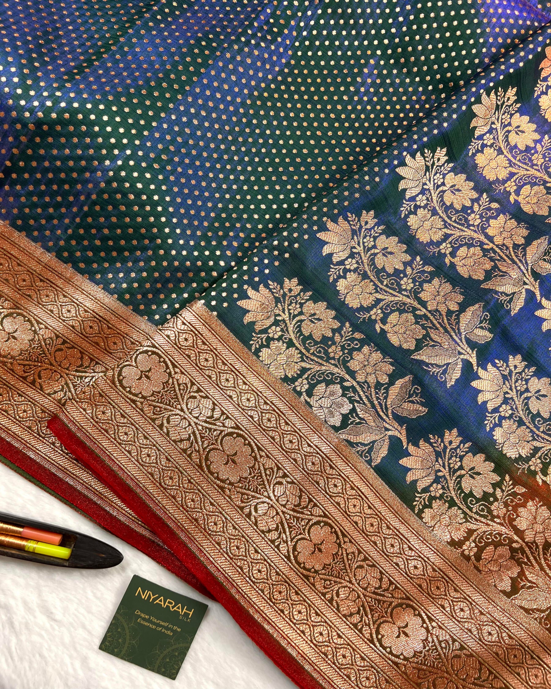 Peacock Green Banarasi Dot Pattern Booti Satin Silk Saree, Tanchui Blouse - Niyarah