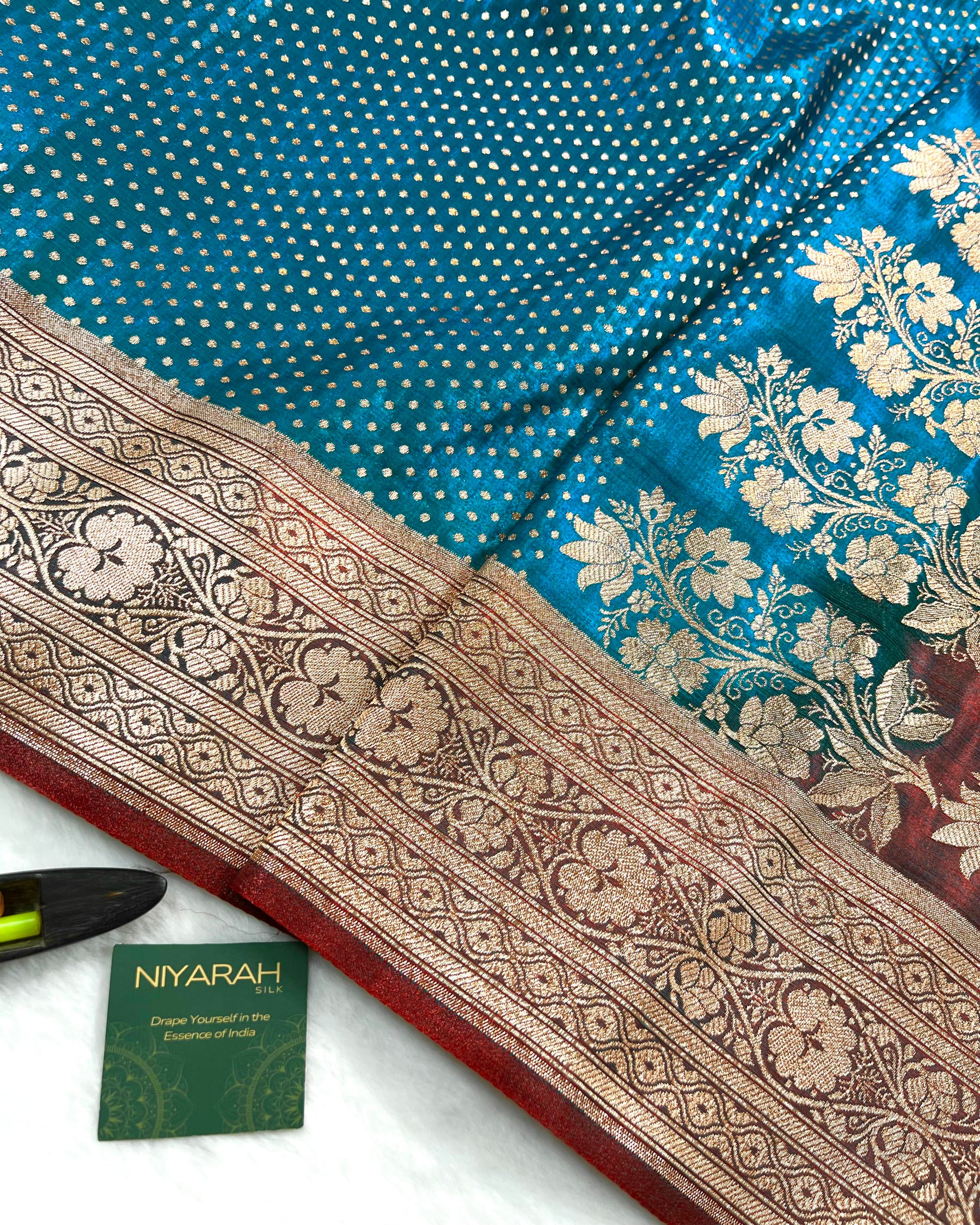 Turquoise Shades Banarasi Dot Pattern Booti Satin Silk Saree, Tanchui Blouse - Niyarah
