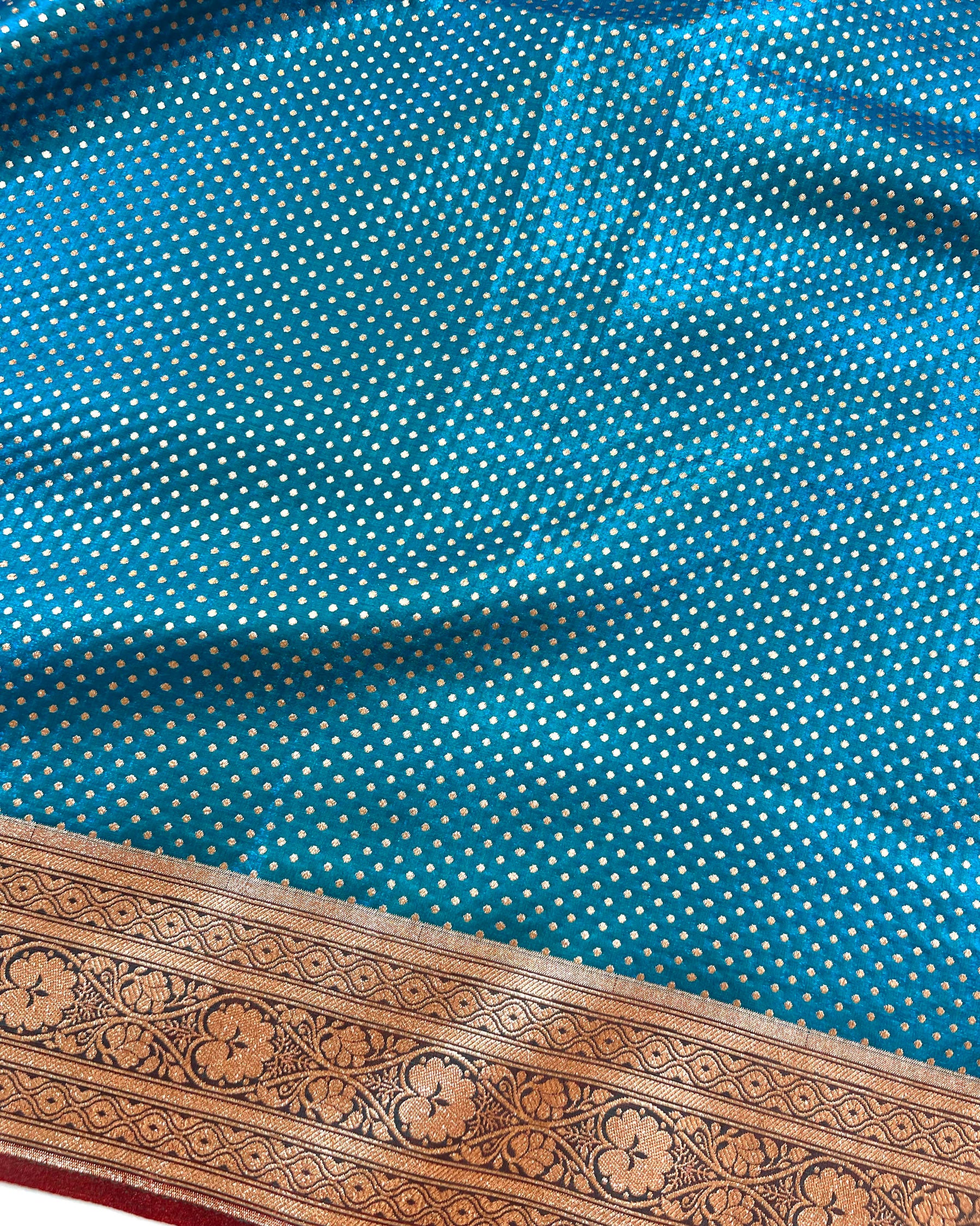 Turquoise Shades Banarasi Dot Pattern Booti Satin Silk Saree, Tanchui Blouse - Niyarah