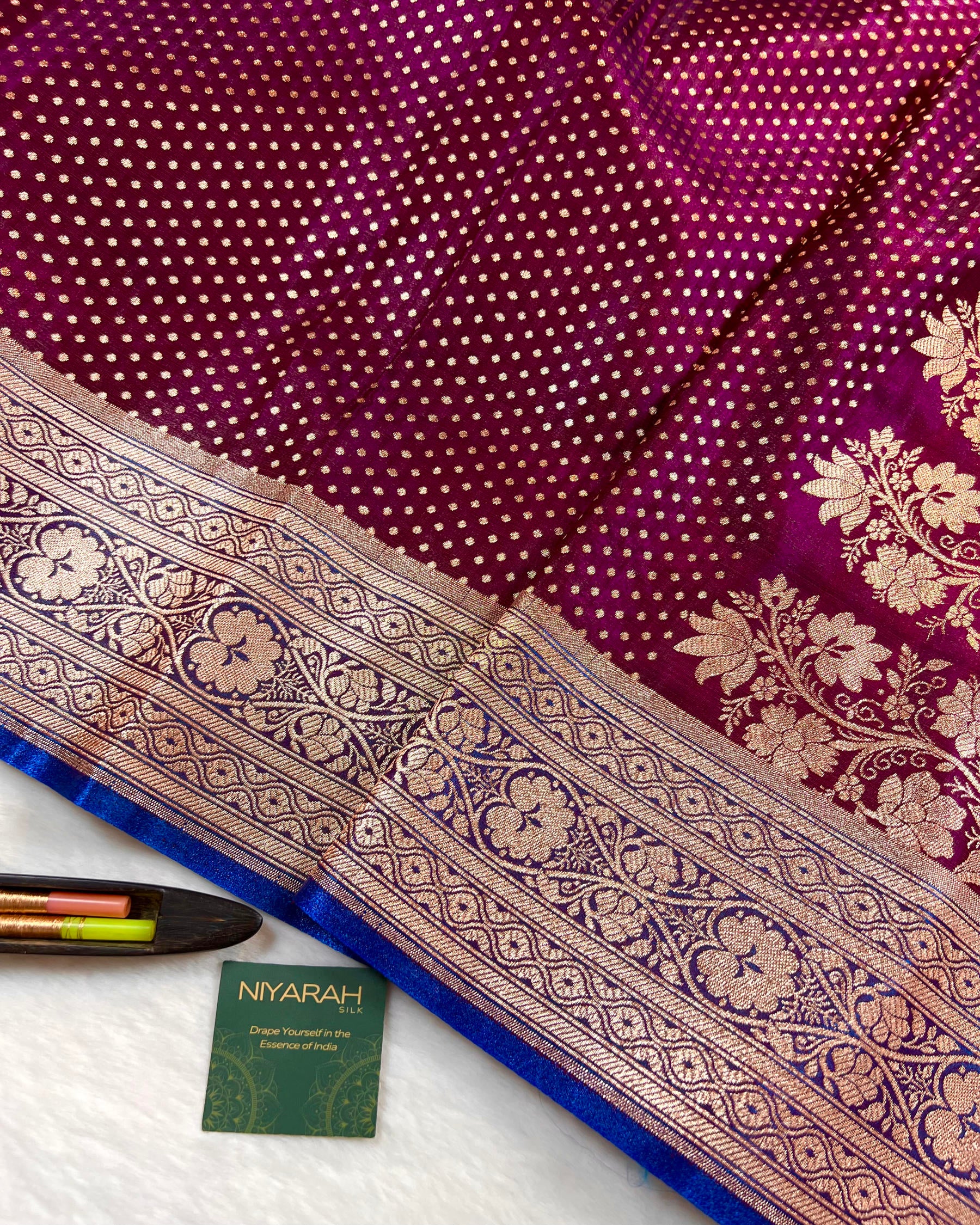Wine Shades Banarasi Dot Pattern Booti Satin Silk Saree, Tanchui Blouse - Niyarah