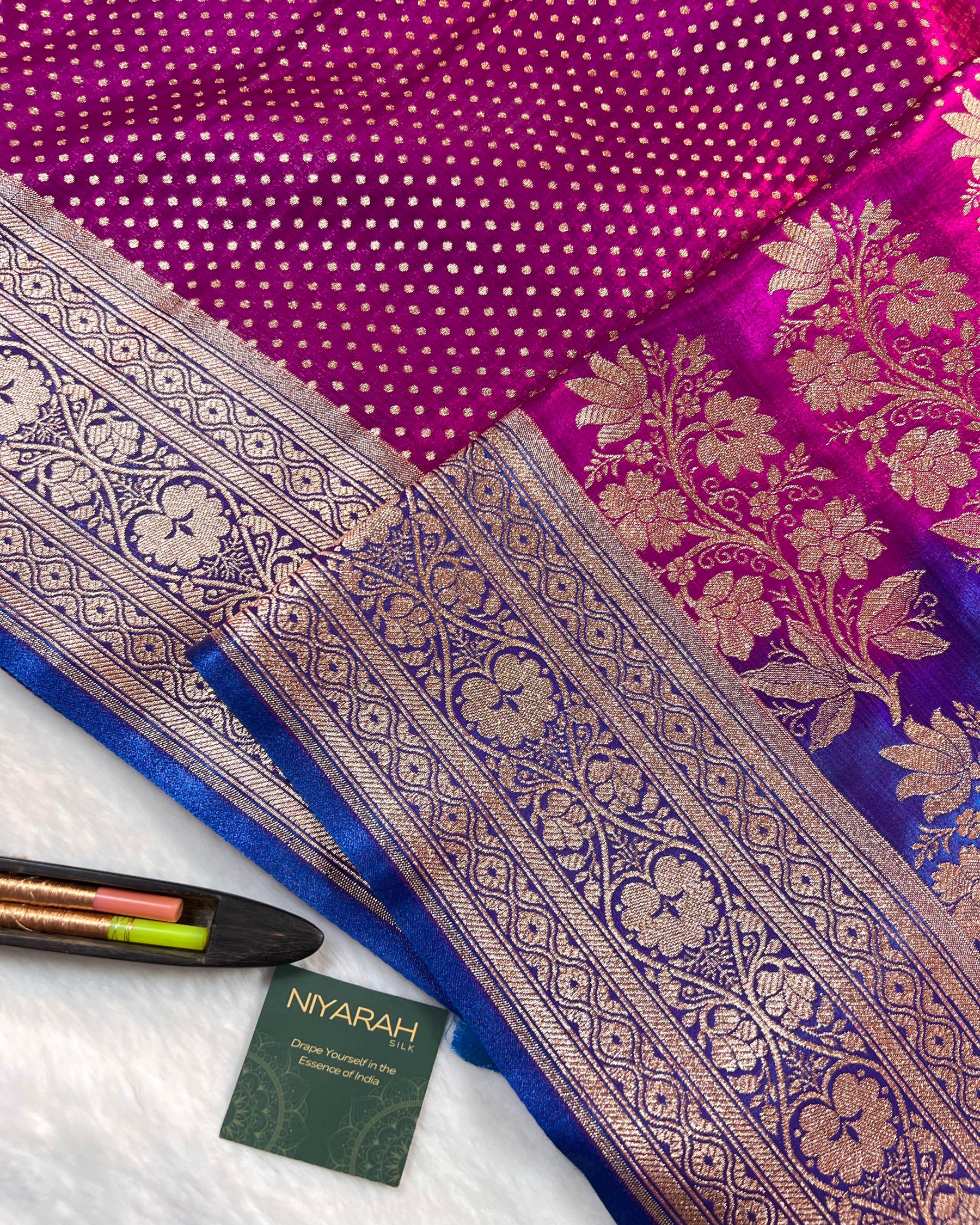 Rani Pink Banarasi Dot Pattern Booti Satin Silk Saree, Tanchui Blouse - Niyarah