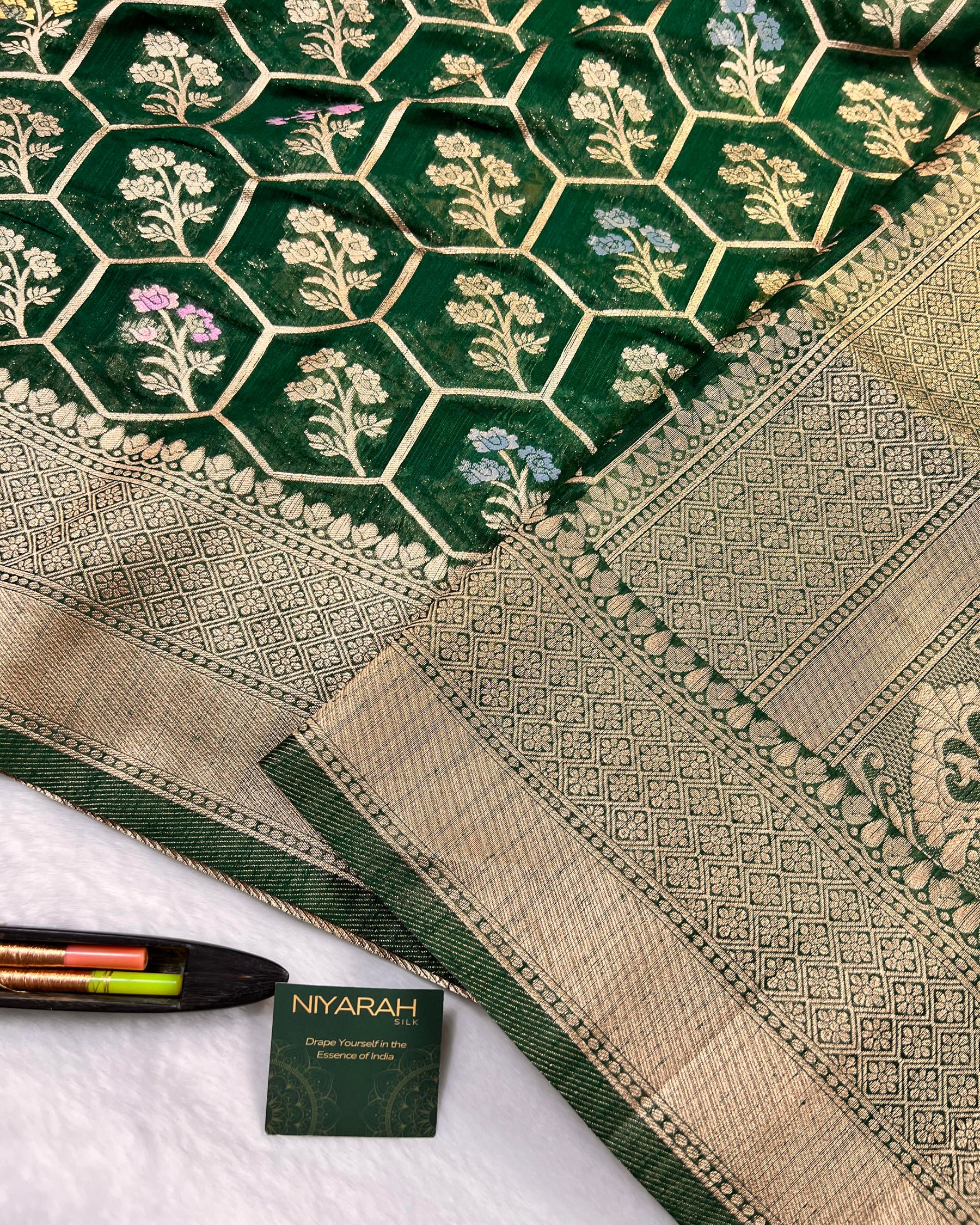Bottle Green Shades Meena Floral Boota Semi Linen Silk Saree - Niyarah