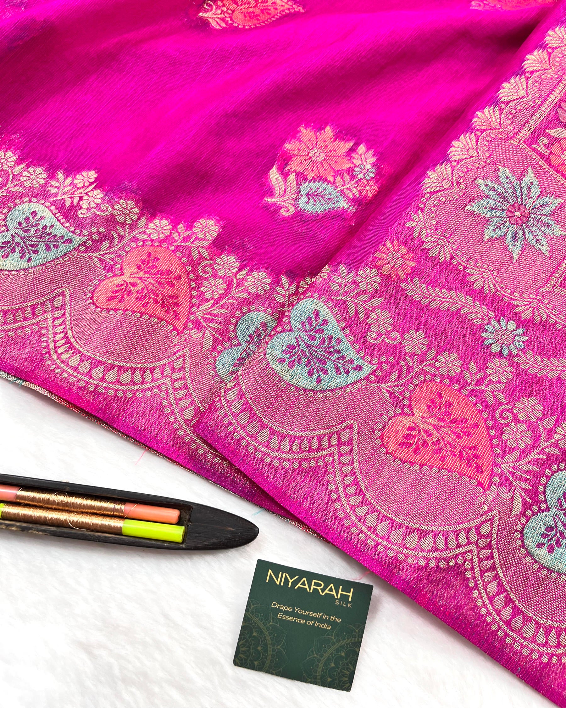 Rani Pink Shades Meena Boota Semi Linen Silk Saree - Niyarah
