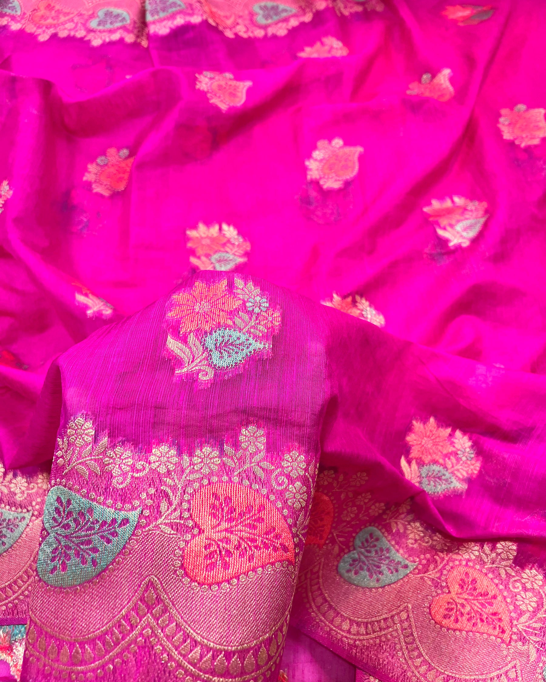 Rani Pink Shades Meena Boota Semi Linen Silk Saree - Niyarah