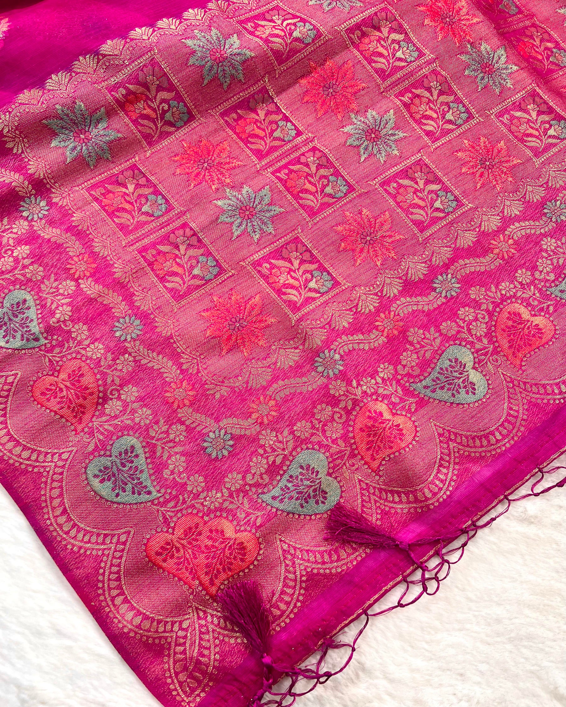 Rani Pink Shades Meena Boota Semi Linen Silk Saree - Niyarah