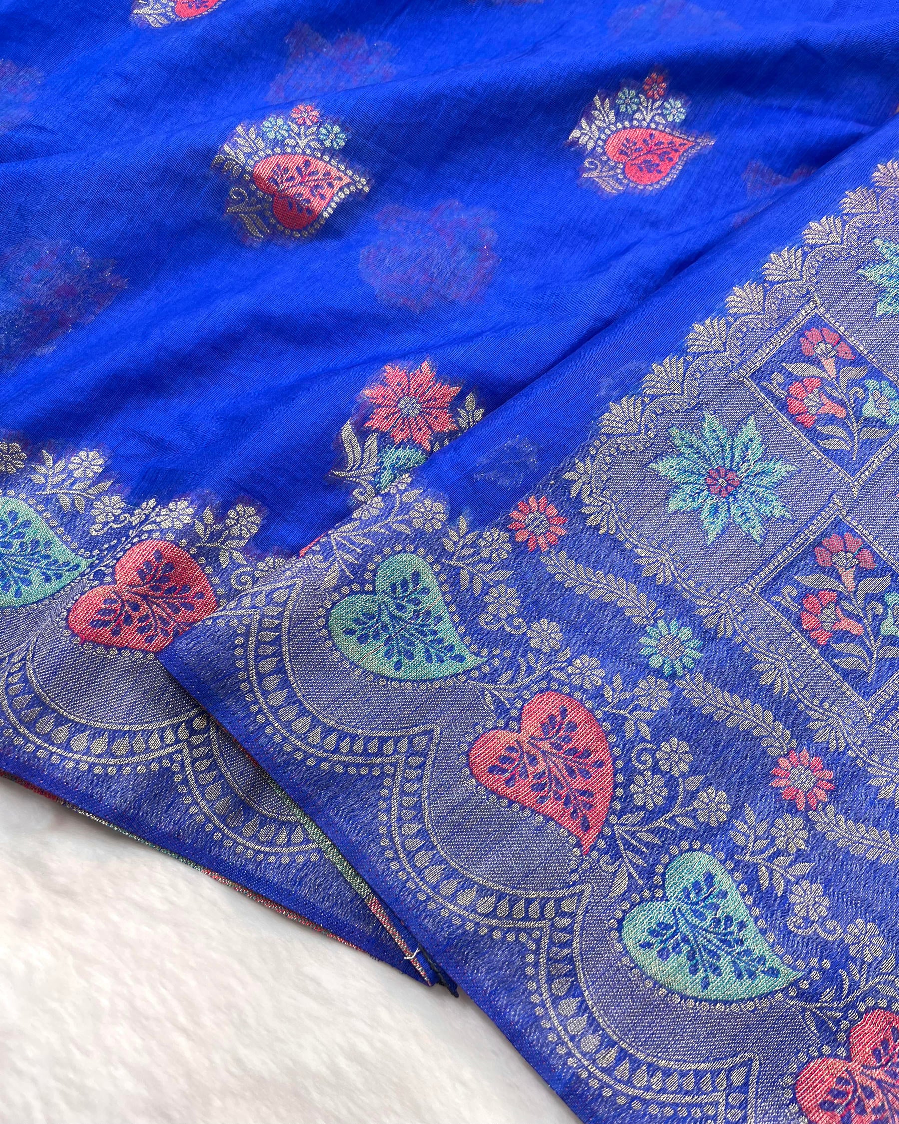 Royal Blue Shades Meena Boota Semi Linen Silk Saree - Niyarah
