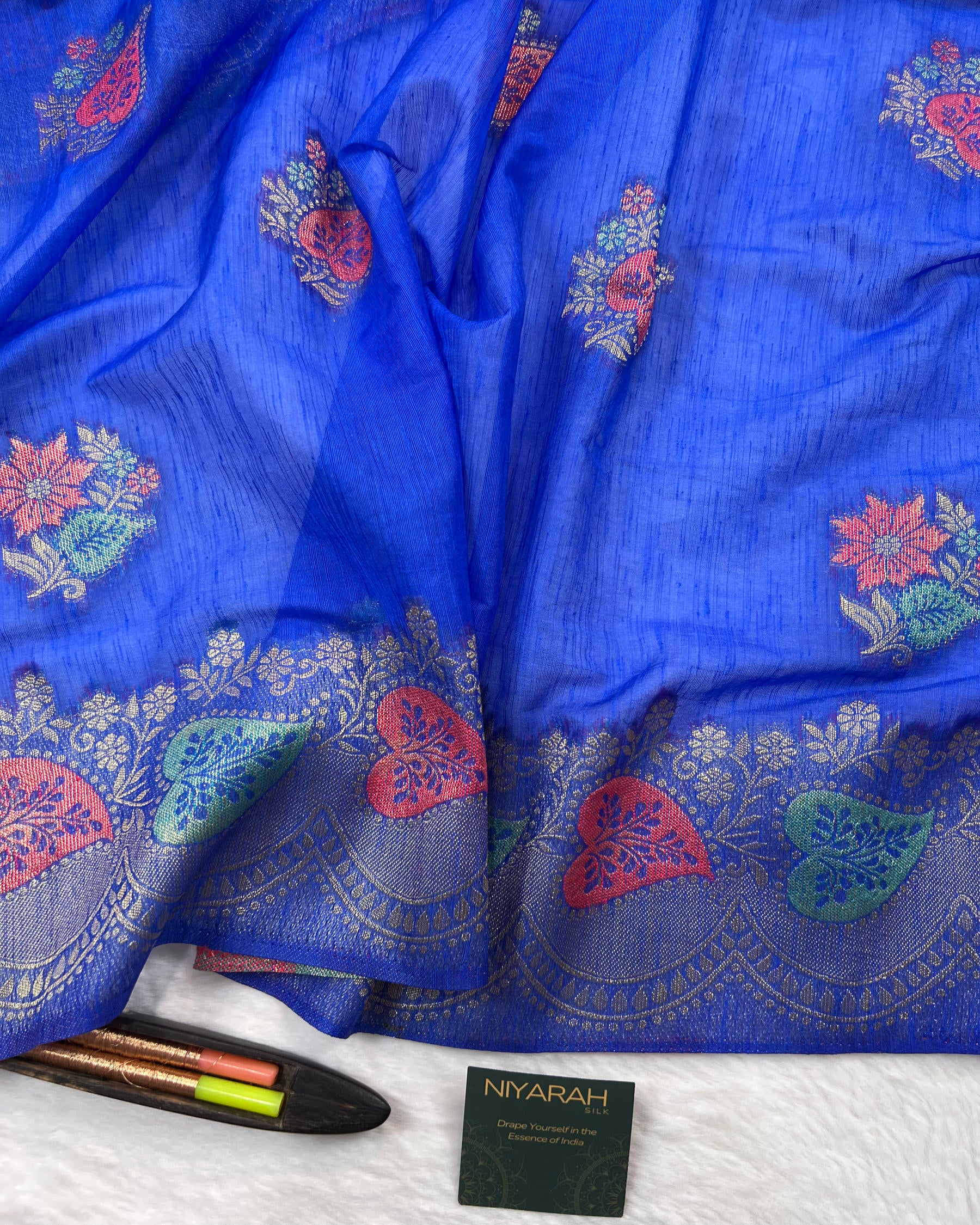 Royal Blue Shades Meena Boota Semi Linen Silk Saree - Niyarah