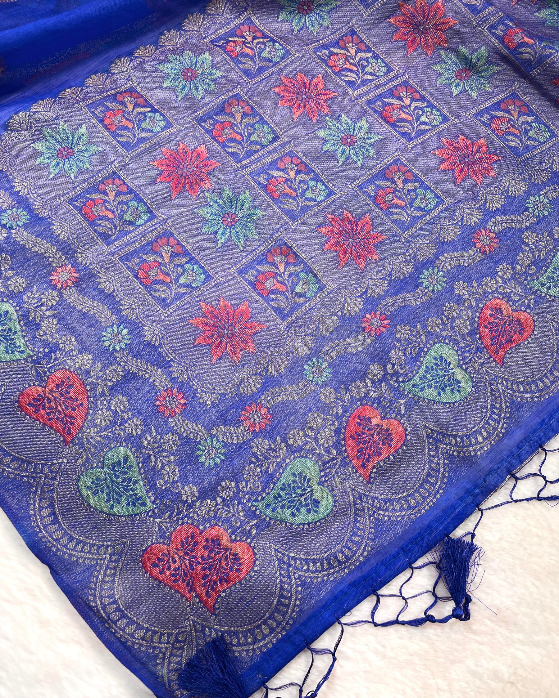 Royal Blue Shades Meena Boota Semi Linen Silk Saree - Niyarah