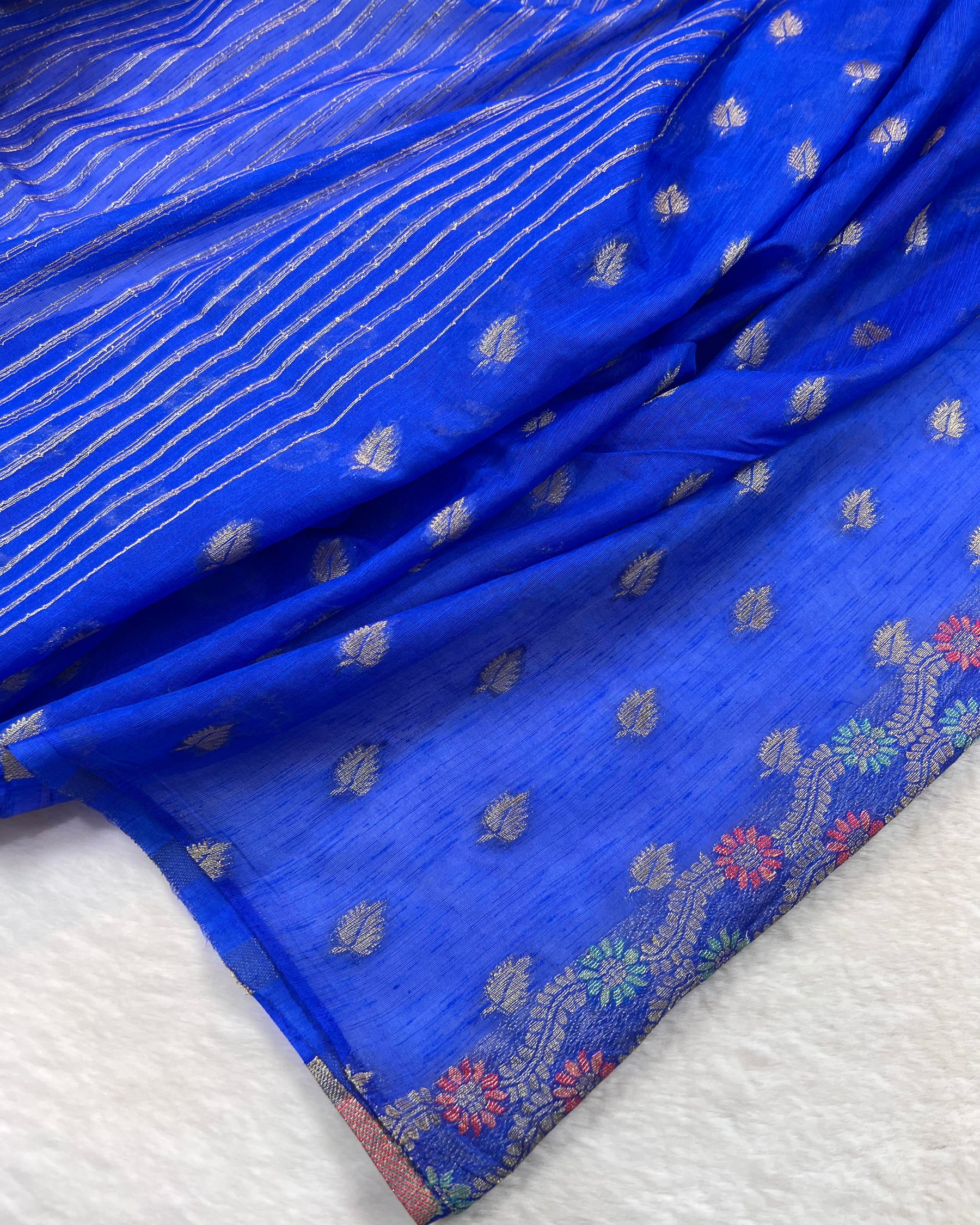 Royal Blue Shades Meena Boota Semi Linen Silk Saree - Niyarah