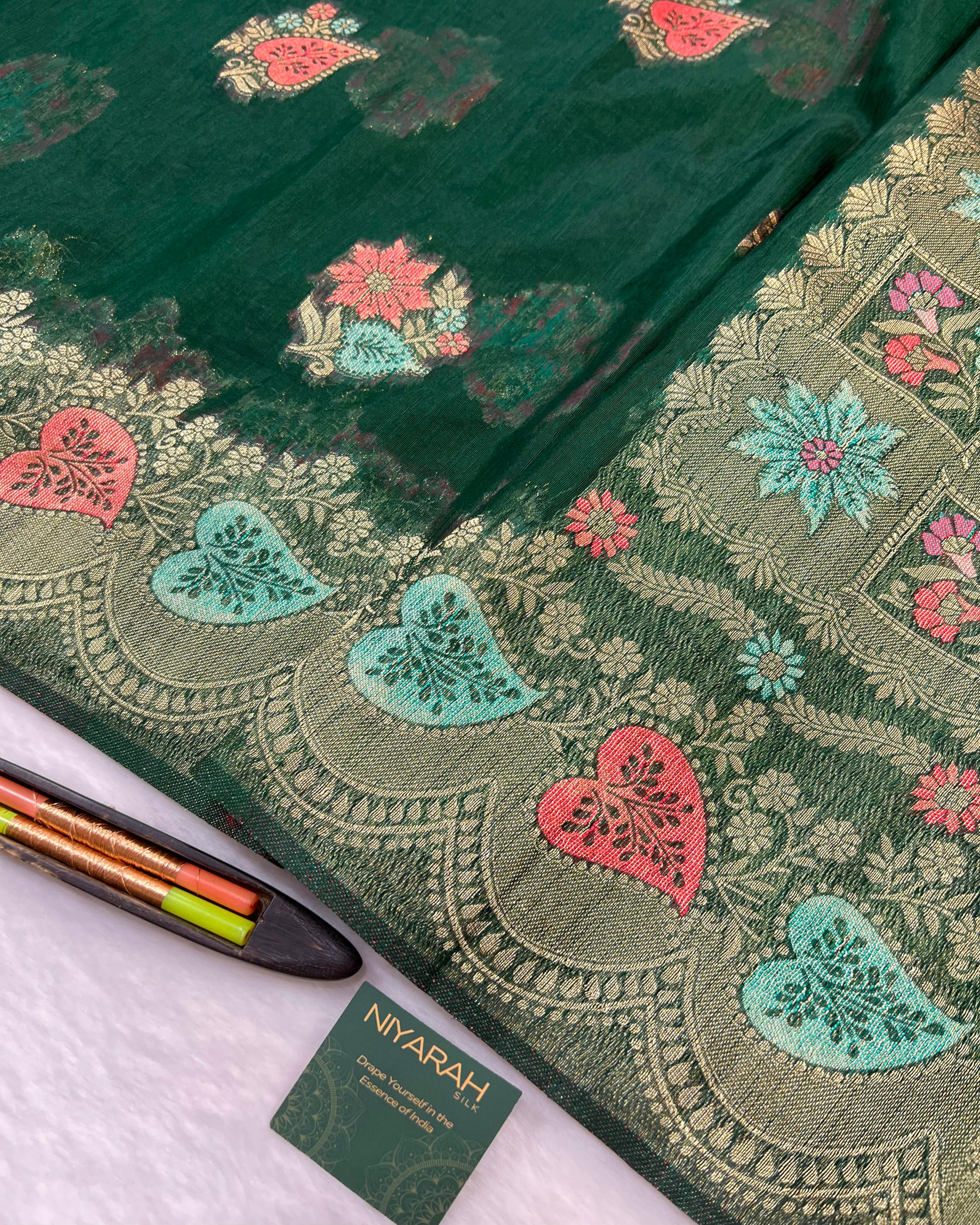 Bottle Green Shades Meena Boota Semi Linen Silk Saree - Niyarah