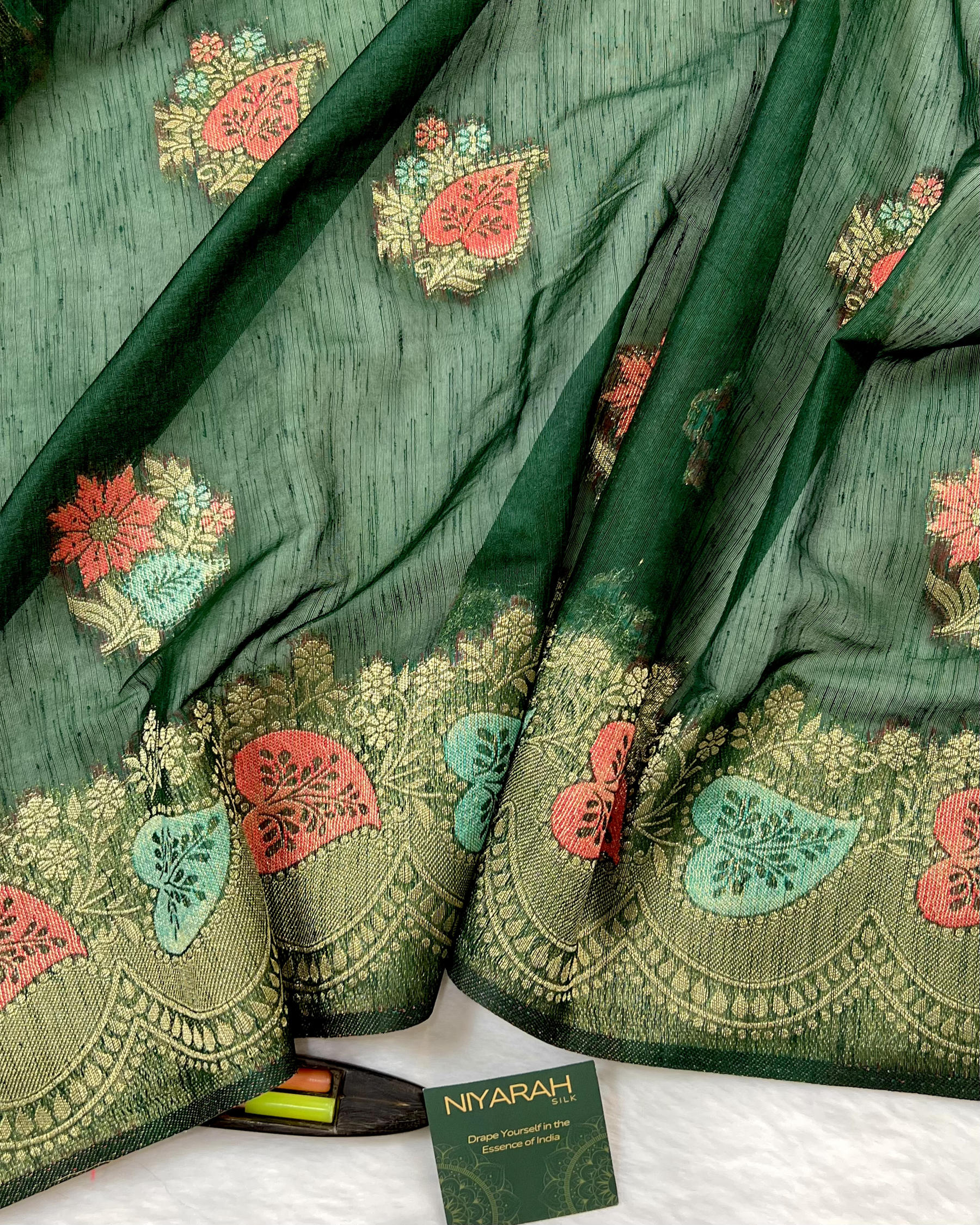 Bottle Green Shades Meena Boota Semi Linen Silk Saree - Niyarah