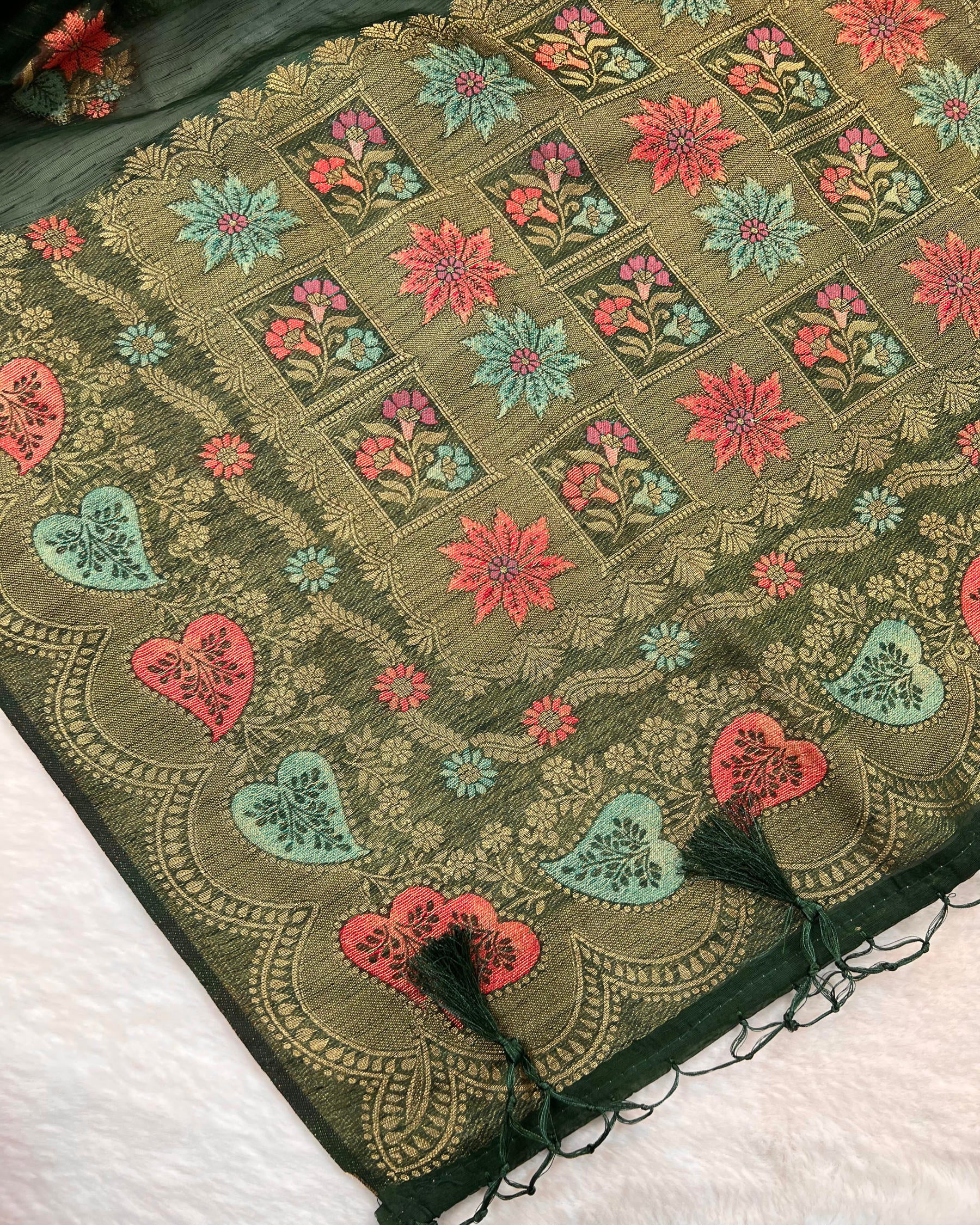 Bottle Green Shades Meena Boota Semi Linen Silk Saree - Niyarah