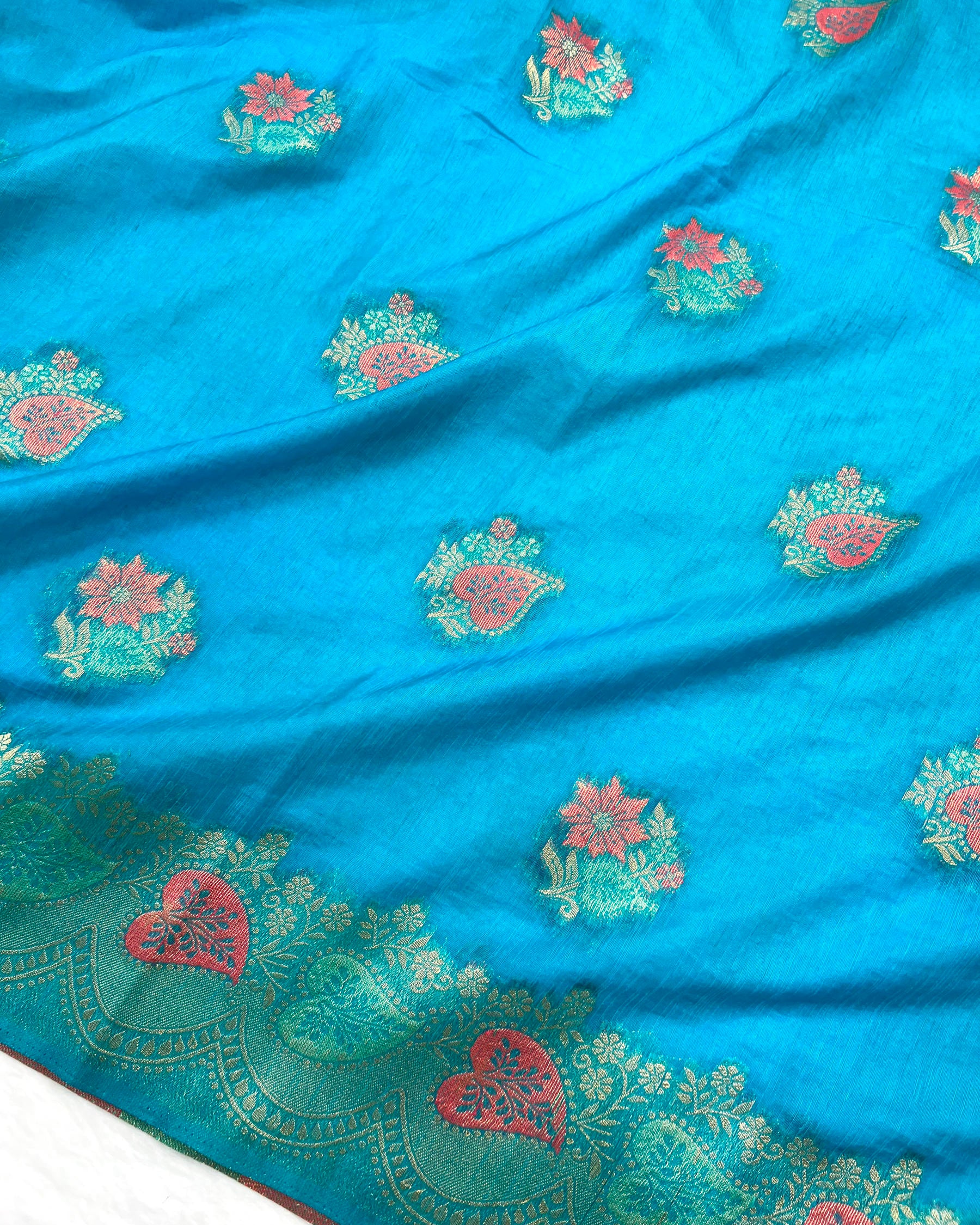 Firozi Shades Meena Boota Semi Linen Silk Saree - Niyarah