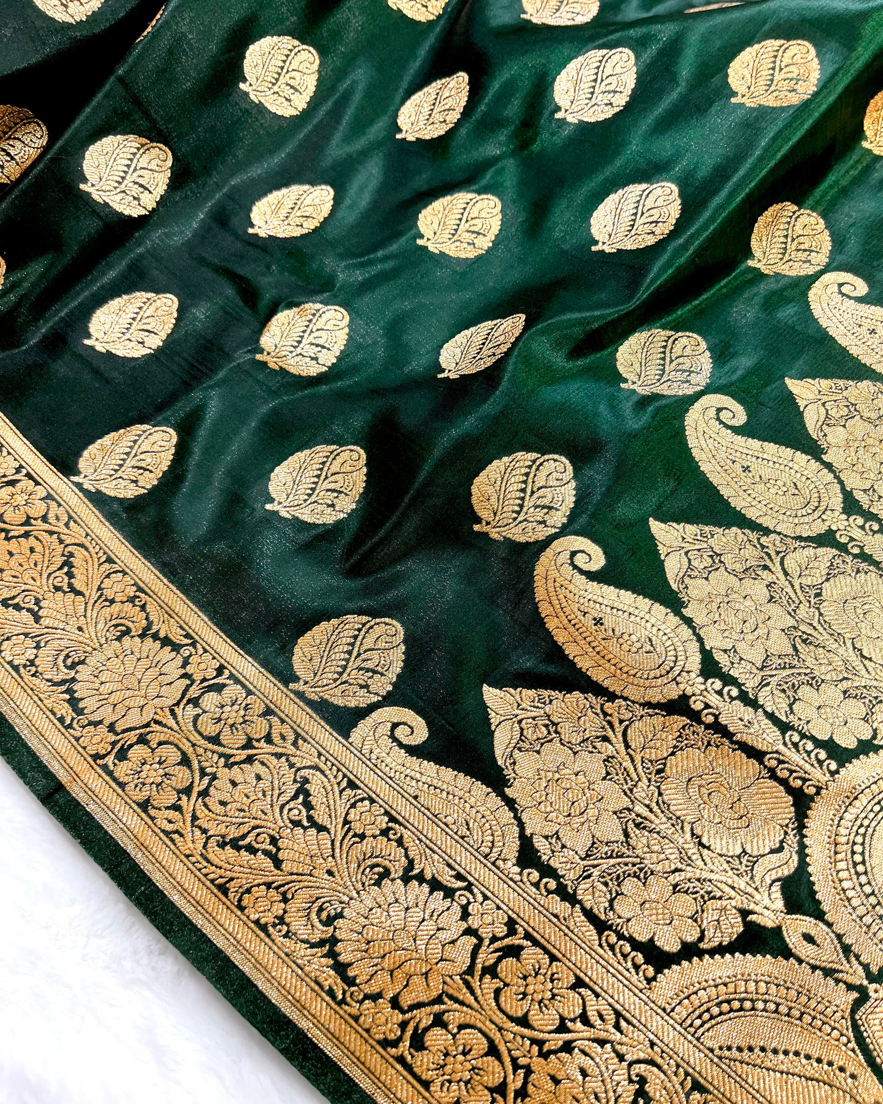 Bottle Green Shades Banarasi Boota Satin Silk Saree - Niyarah