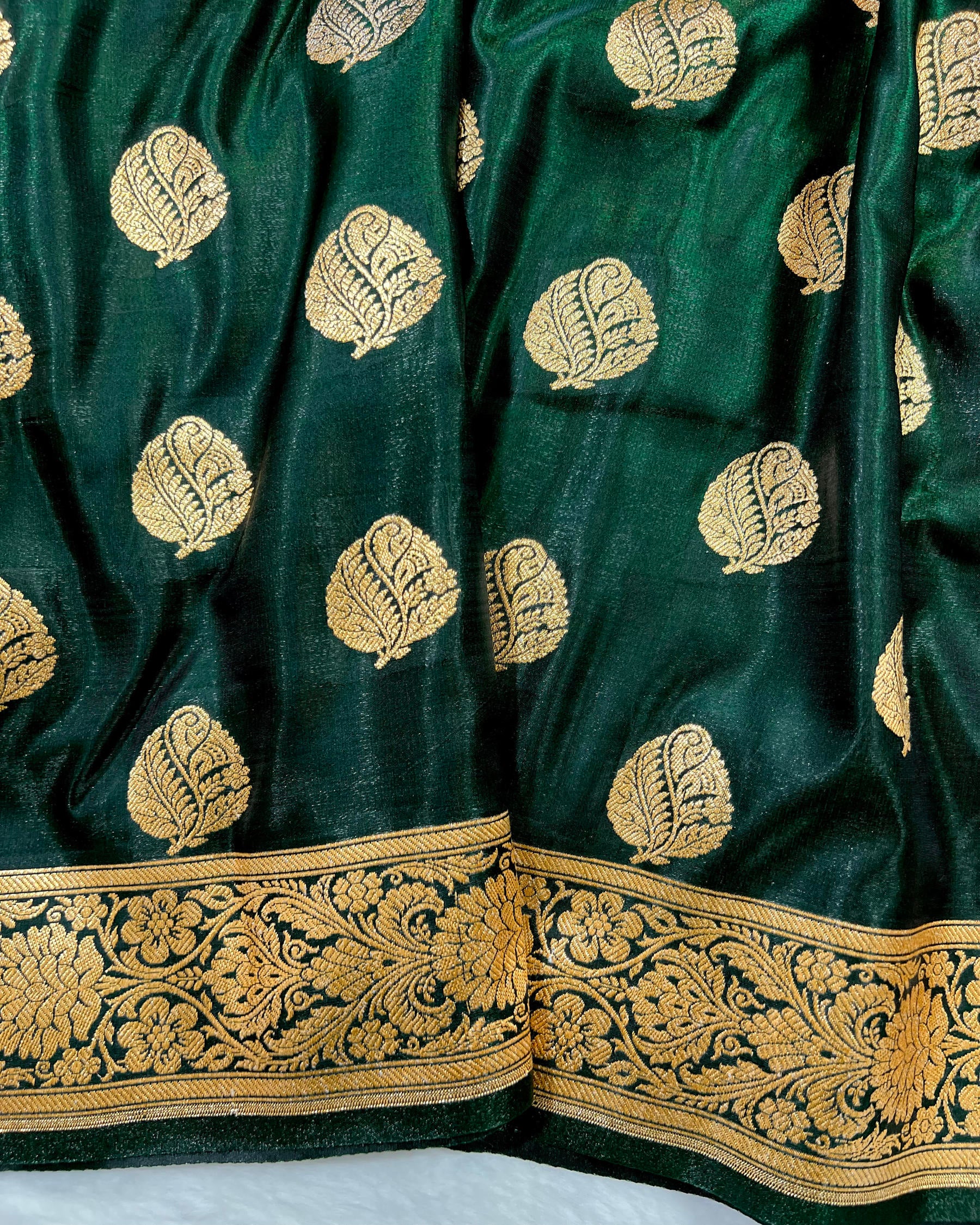 Bottle Green Shades Banarasi Boota Satin Silk Saree - Niyarah